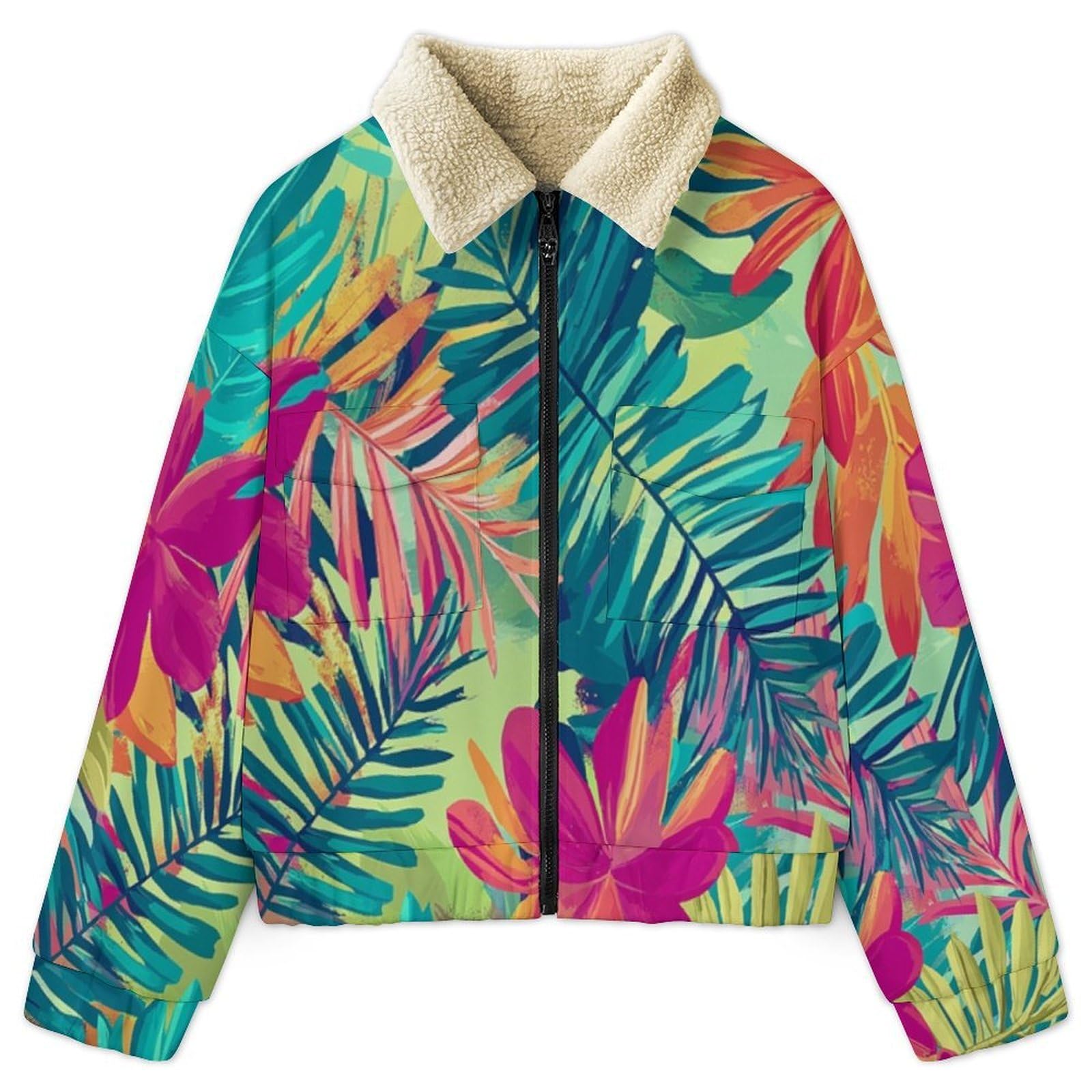 Giacca da Donna Pile con Zip, Giacche Giacca piante tropicali Teddy Versione, Loose del astratto Cappotto a Maniche Lunghe Autunno e Inverno Caldo Cappotto