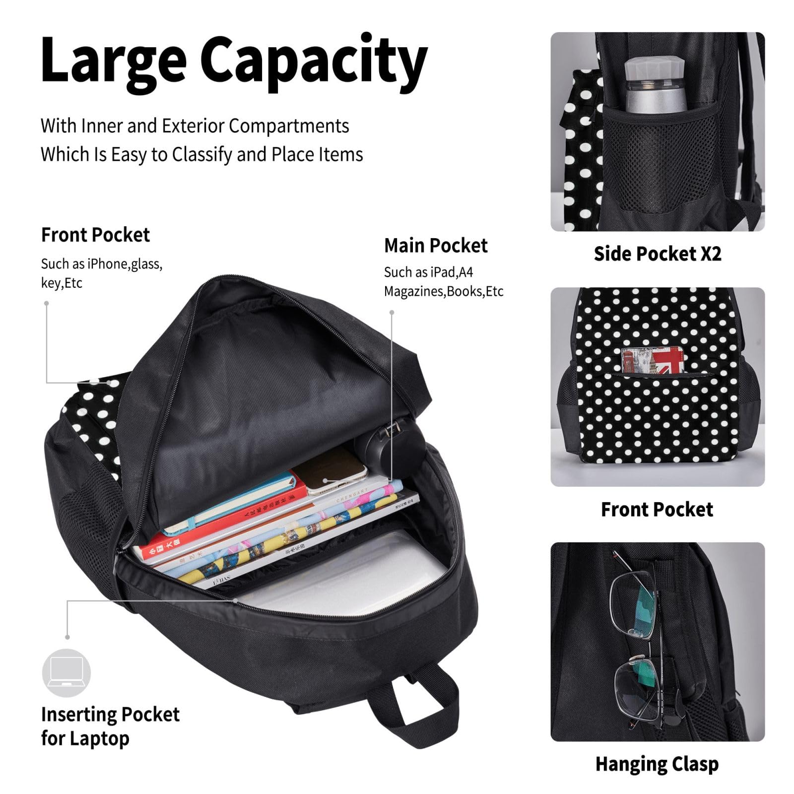 Juego de 3 mochilas escolares con estampado de lunares blancos y negros, mochila de gran capacidad resistente al agua para laptop con bolsa de almuerzo aislada y estuche para lápices para