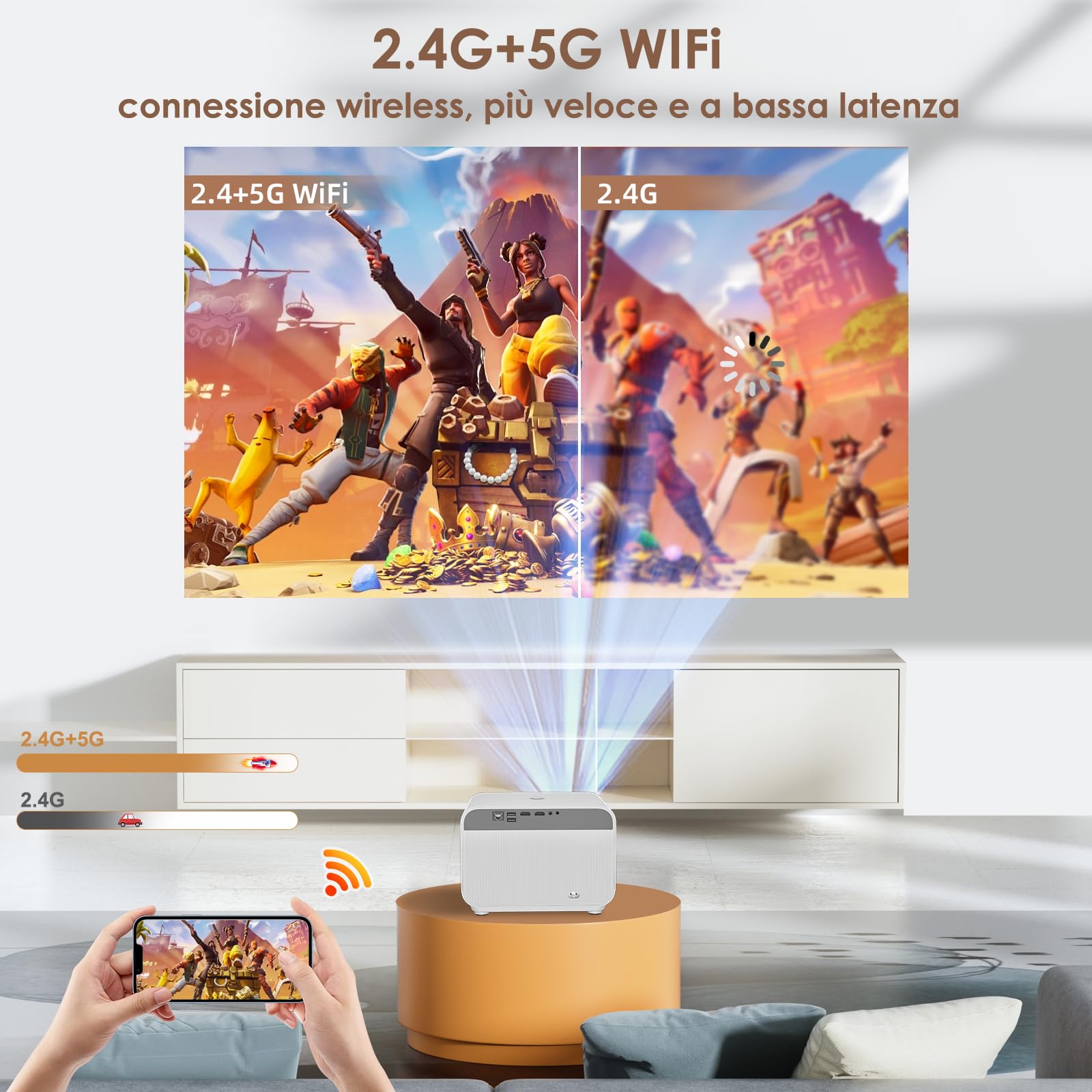 Proiettore【Auto Focus/Keystone & Android TV】1080P Full HD 700 ANSI, Proiettore 4K con Bluetooth e WIFI, FunFlix A1 Videoproiettore Zoom &300" per Home Theater per Smartphone/TV Stick/PS5/HDMI/USB