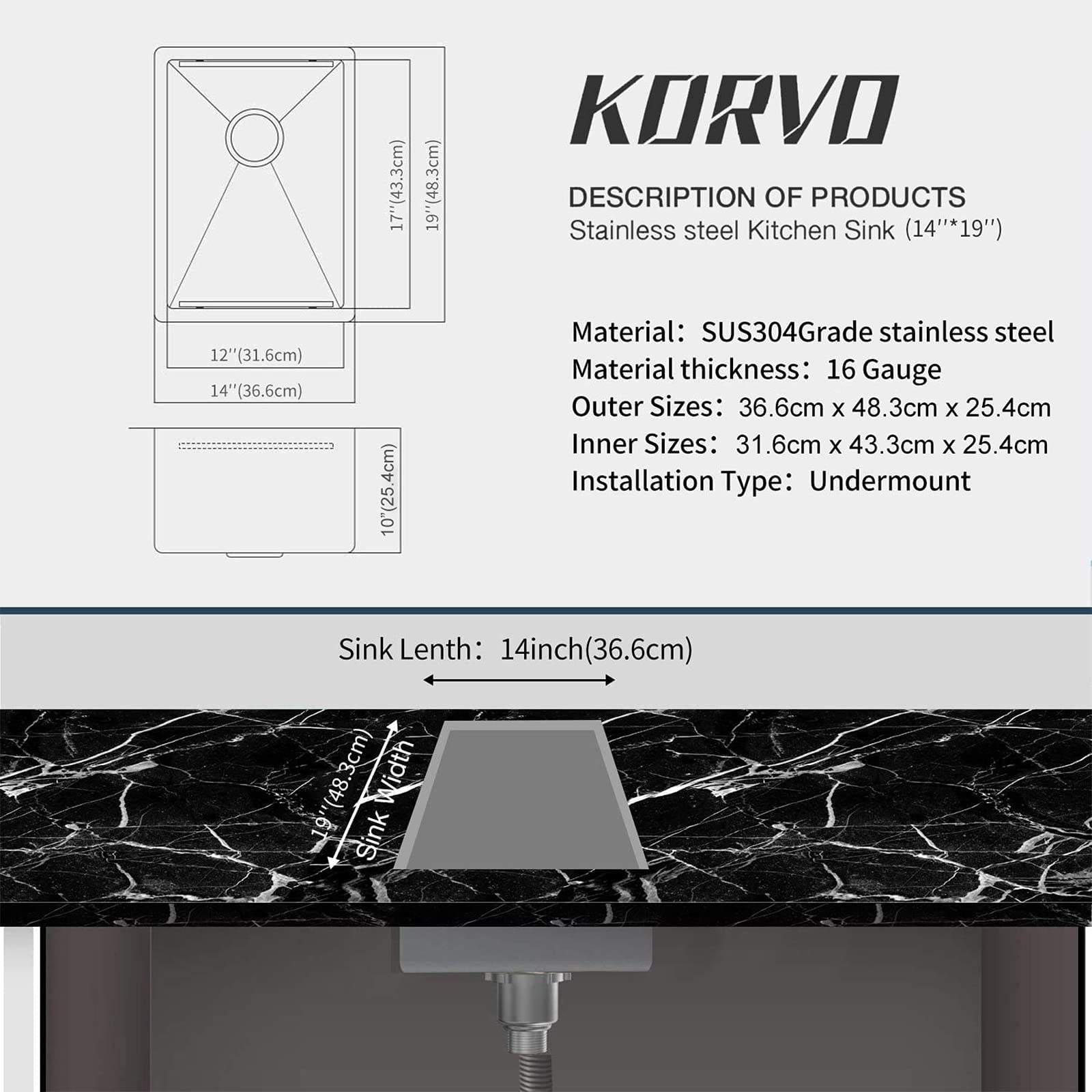 KORVO - Fregadero de cocina para estación de trabajo, 37 cm x 48 cm, hecho a mano de calibre 16 SUS304 de acero inoxidable con tabla de cortar de bambú