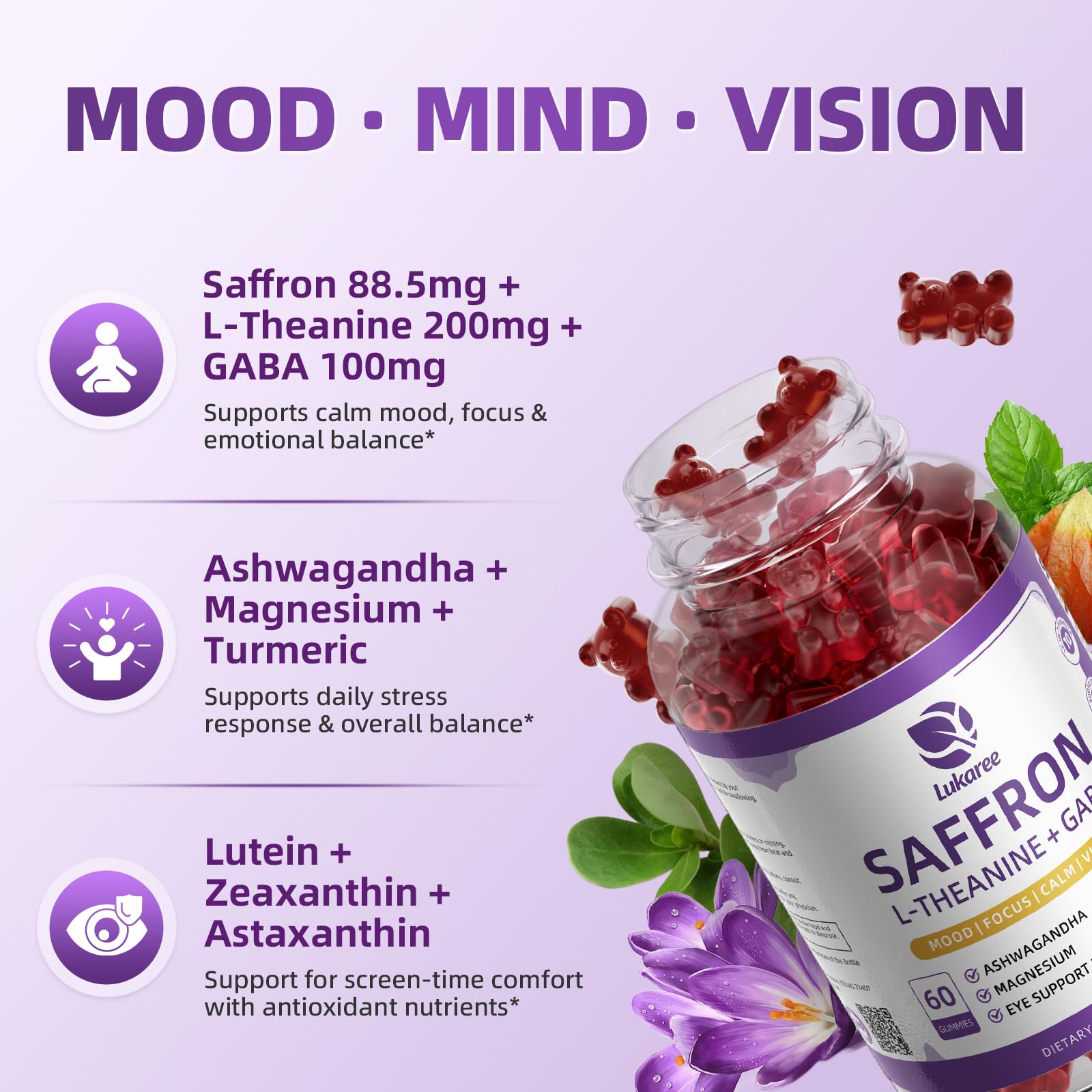 Lukaree Saffron Gummies Extract 88.5mg with L-Theanine 200mg, GABA, 2 Pack — Amazon image 2