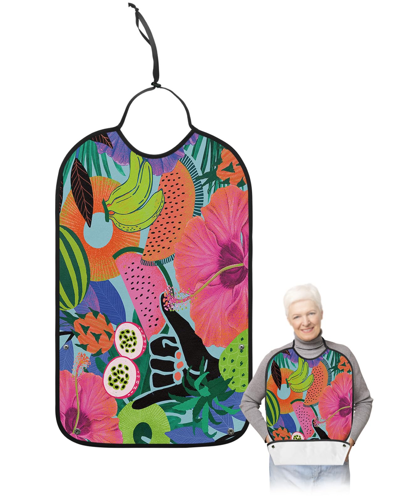 Flower Fruits Adult Bib for Eating with Crumb Catcher,Washable & Waterproof Terry Cloth Adjustable Elderly Women Men Adult Bibs Funny Clothing Protector Colorful Summer Leaves Funny Black Gesture