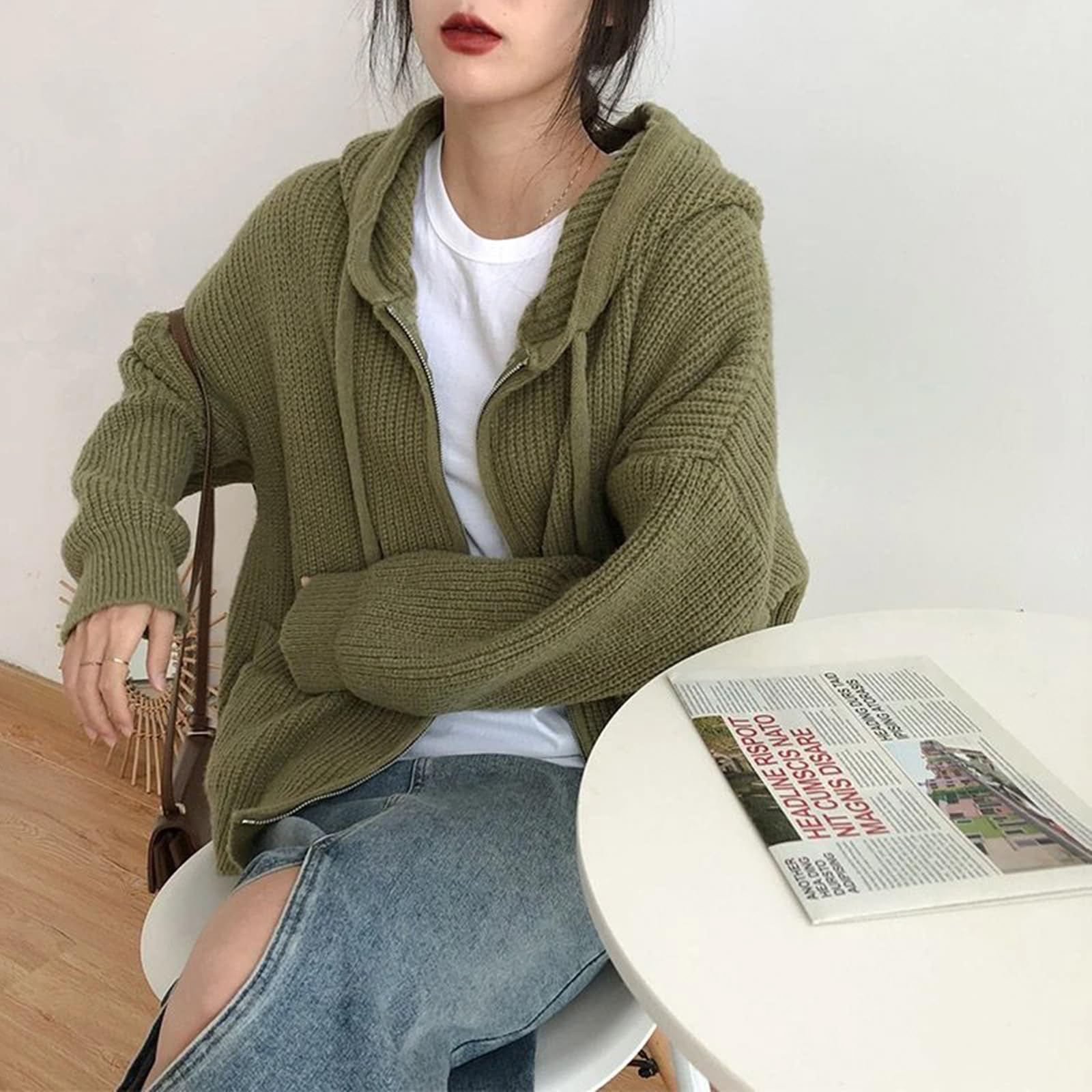 Sweter dla kobiet retro swetry z kapturem damski jednolity kolor dzianinowy sweter luźny swobodny kardigan płaszcz damski jesień zima