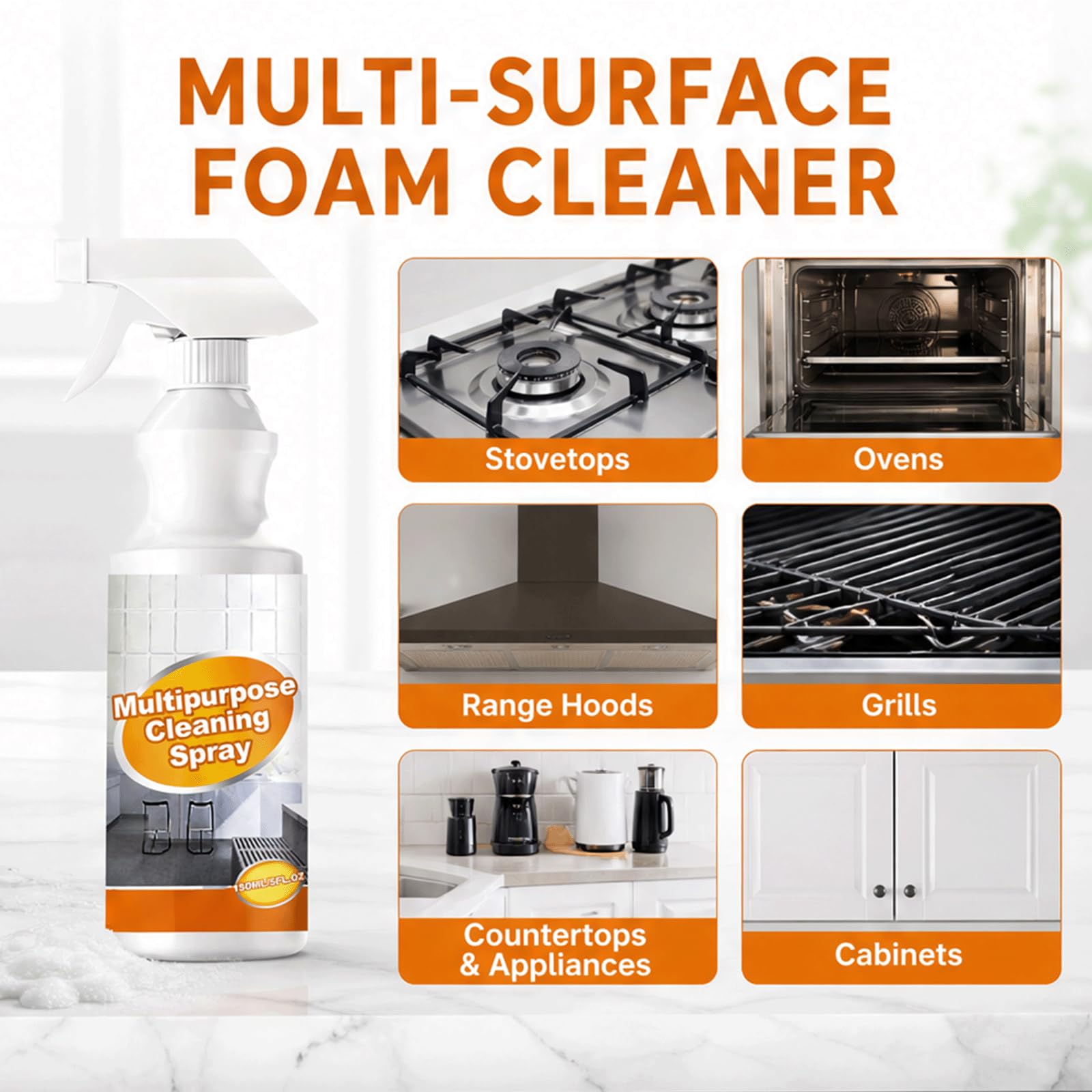 Spray detergente in schiuma da cucina multiuso, spray sgrassante per impieghi gravosi, potente rimozione del grasso, detergente multiuso, schiuma a bolle senza scrub, spray multisuperficie (5 pezzi)