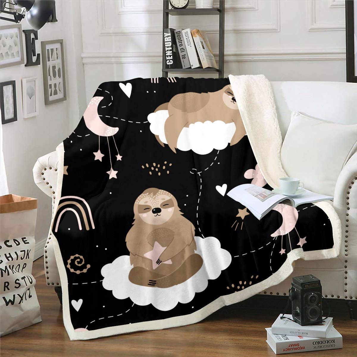 Loussiesd Kids Fleece Sloth Blanket - Cute Animal Pattern Sherpa Microfiber Cartoon Sloth Printed Plush Throw Blanket - Fuzzy 50"x60"