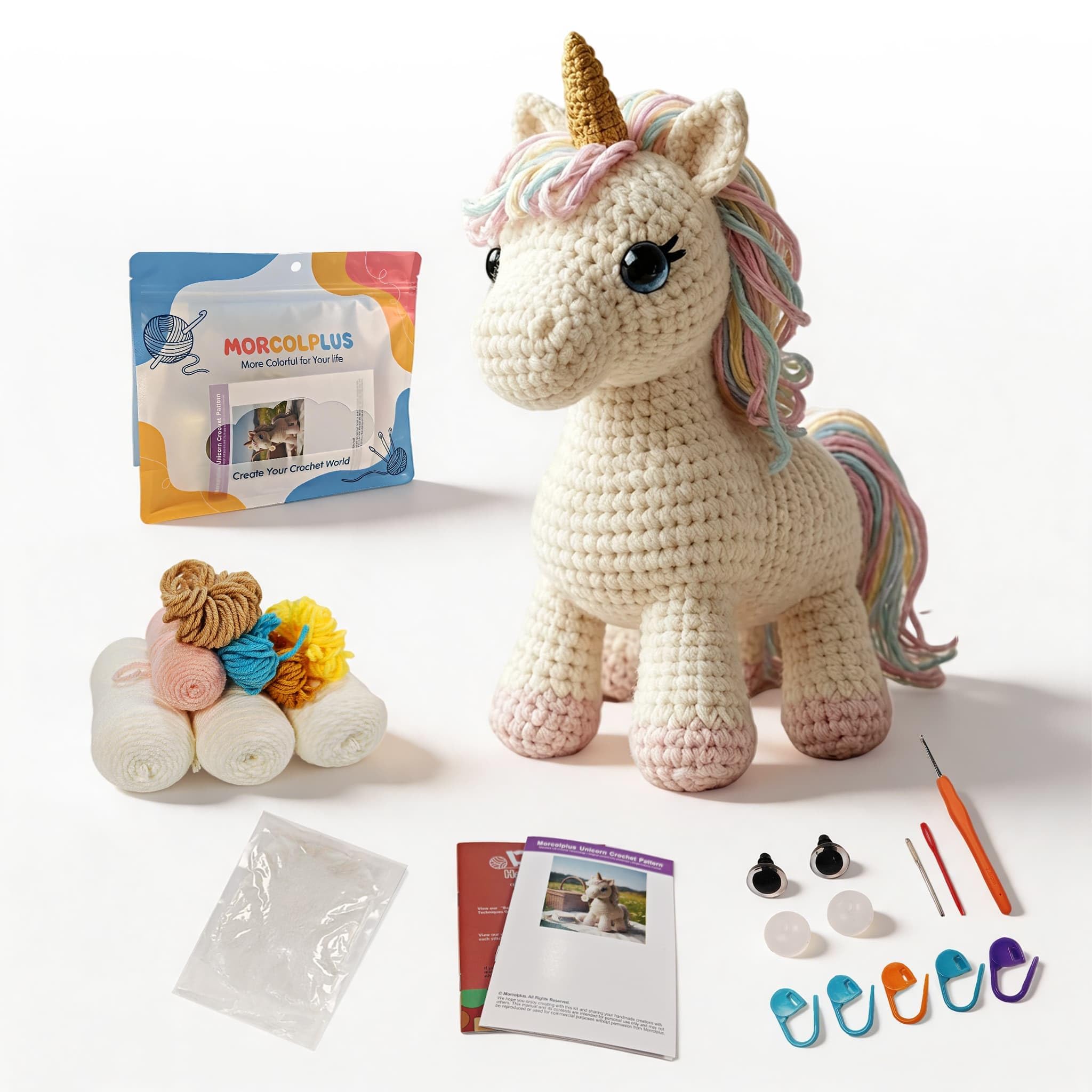 Morcolplus Kit de ganchillo de unicornio para principiantes y adultos, bonito kit de iniciación de ganchillo de unicornio amigurumi mágico con tutoriales en video y todos los materiales incluidos