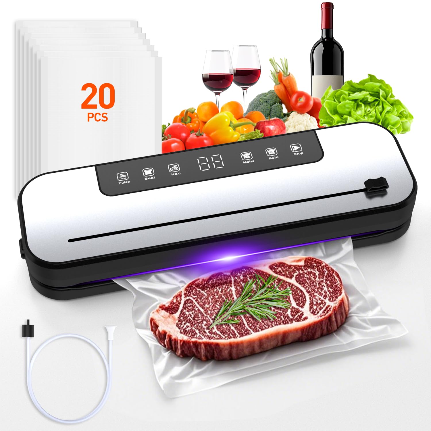 Vacuum Sealer,75kpa Powerful Food Saver Vacuum Sealer Machine with Cutter, 5 Food Modes, Compact for Sous Vide, Meat, Vegetables, Dry/Moist Modes, One-Touch Seal Preservation