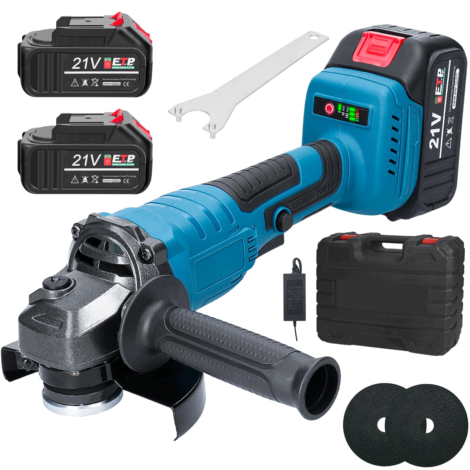 21V 4-1/2'' Cordless Angle Grinder, 125MM M14 Professional Electric Power Grinder, Battery Grinder Tool with 2-Position, 7500RPM Cordless Metal Angle Grinders for Cutting, Grinding, Polishing (Blue).