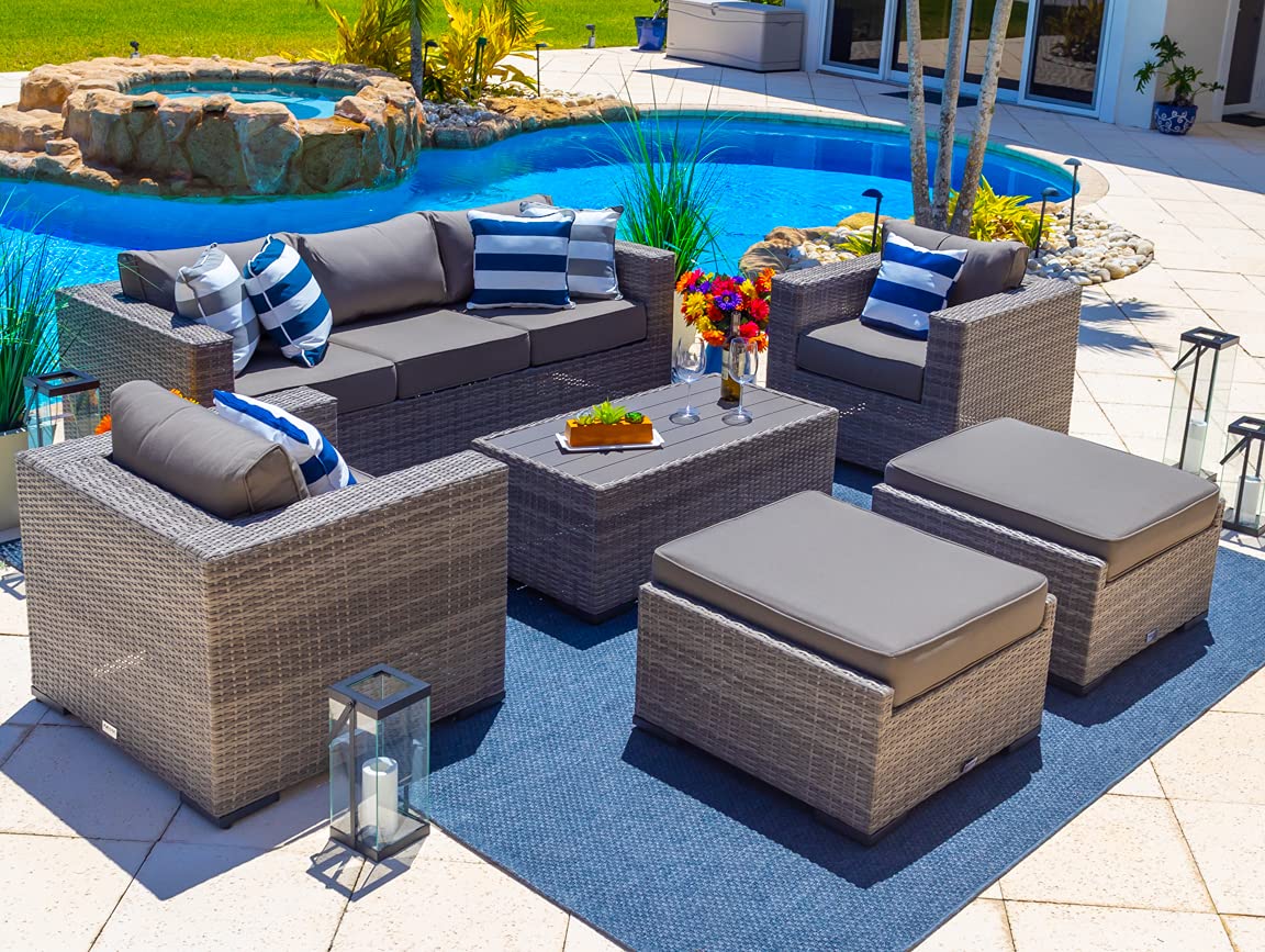 Sorrento 6-Piece L Resin Wicker Outdoor Patio Furniture Lounge Sofa Set in  Gray w/Sofa, Two Armchairs, Two Ottomans, and Coffee Table (Flat-Weave Gray