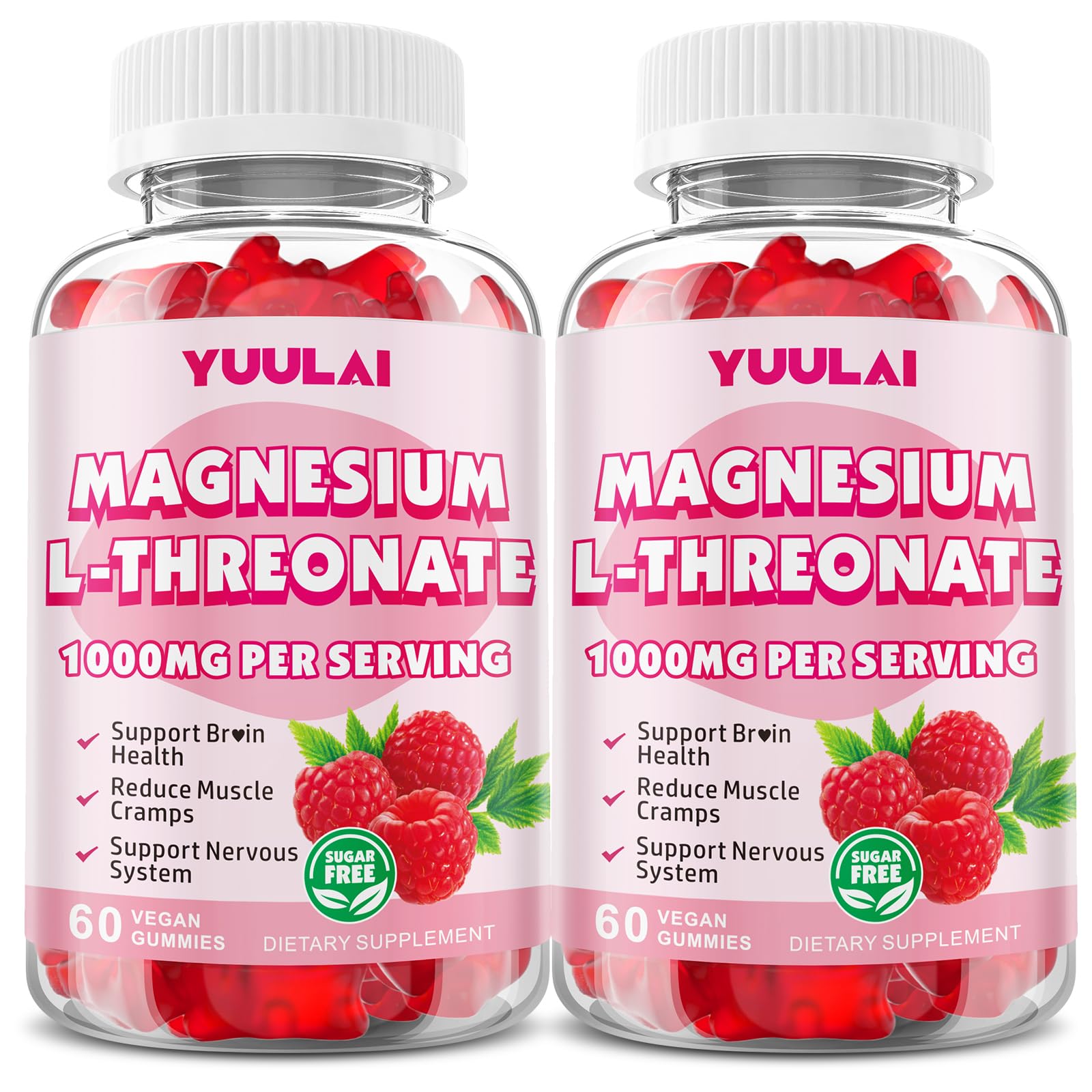 Pack of 2 Magnesium L-Threonate Gummies, Suagr-Free 1000MG Magnesium Threonate Supplement for Kids & Adults, Muscle & Nervous System Support, Raspberry Flavor, 60 Count