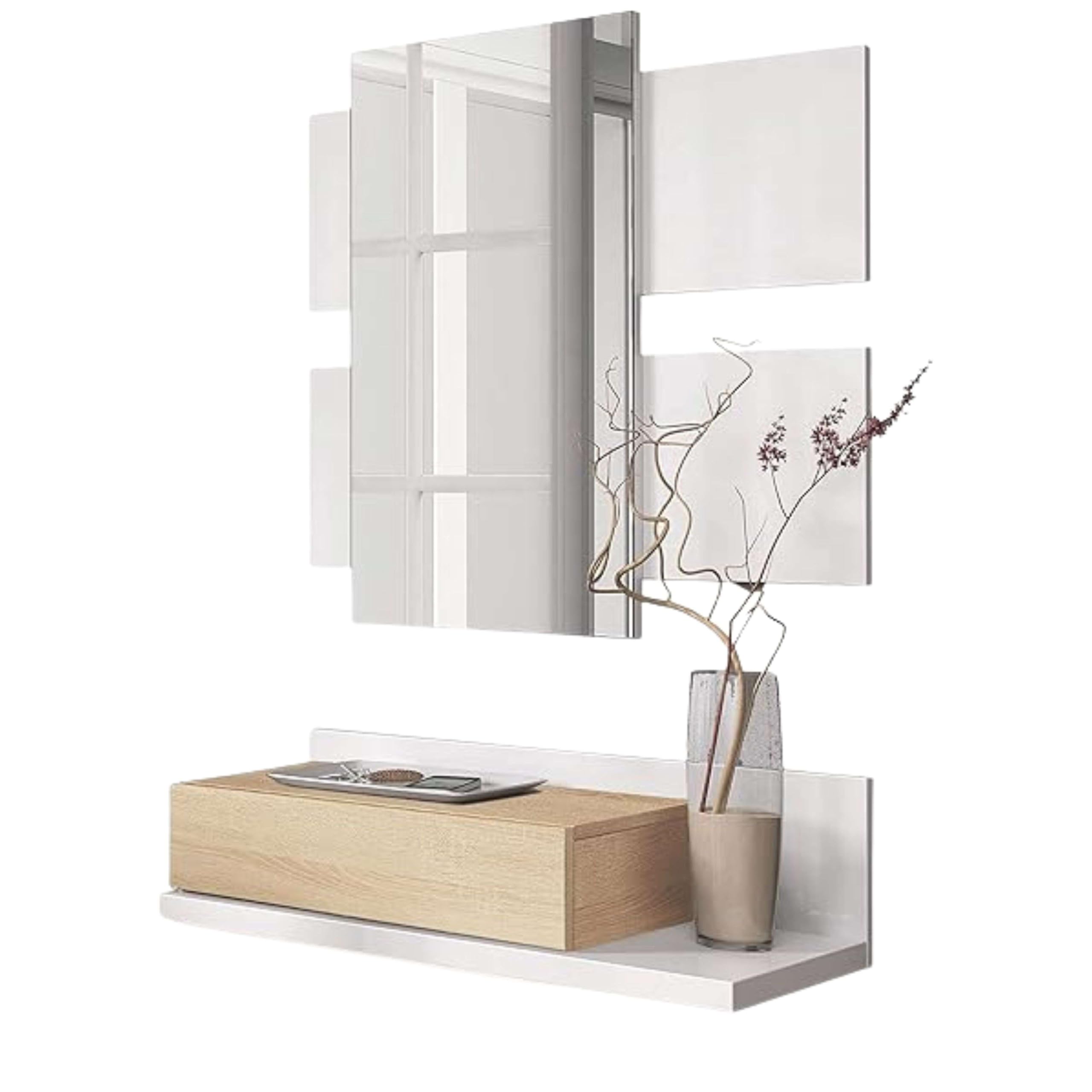 Ingresso con cassetto e specchio, Mobile da Ingresso, Modello Tekkan, Finitura in Bianco Artik e Rovere Canadese, Misure: 75 cm (Larghezza) x 116 cm (Altezza) x 29 cm (Profondità)