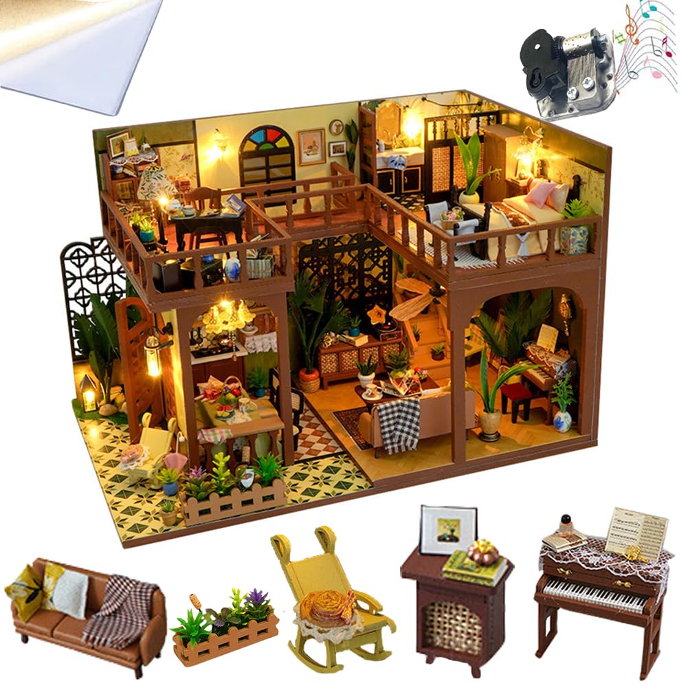 Cjeuxnr DIY Miniature Dollhouse Kit with Furniture, 1:24 Scale Creative Room Mini Wooden Doll House Accessories Plus Dust Proof & Music for Birthday Gift