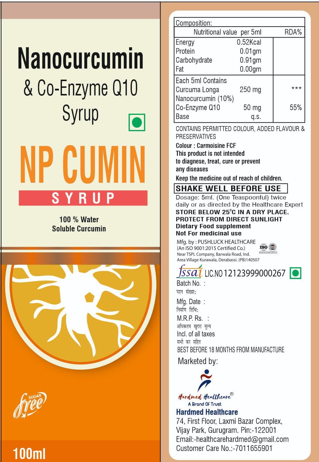 NP CUMIN Syrup of 100% Water Soluble Nano-Curcumin 250mg & Co-Enzyme Q10 50mg Syrup, 100ml Sugar Free | Good For Skin & Joint Pain | Immunity Booster | Antioxidant | For Men & Women. (B0DHQTV2L1) Amazon Price History, Amazon Price Tracker