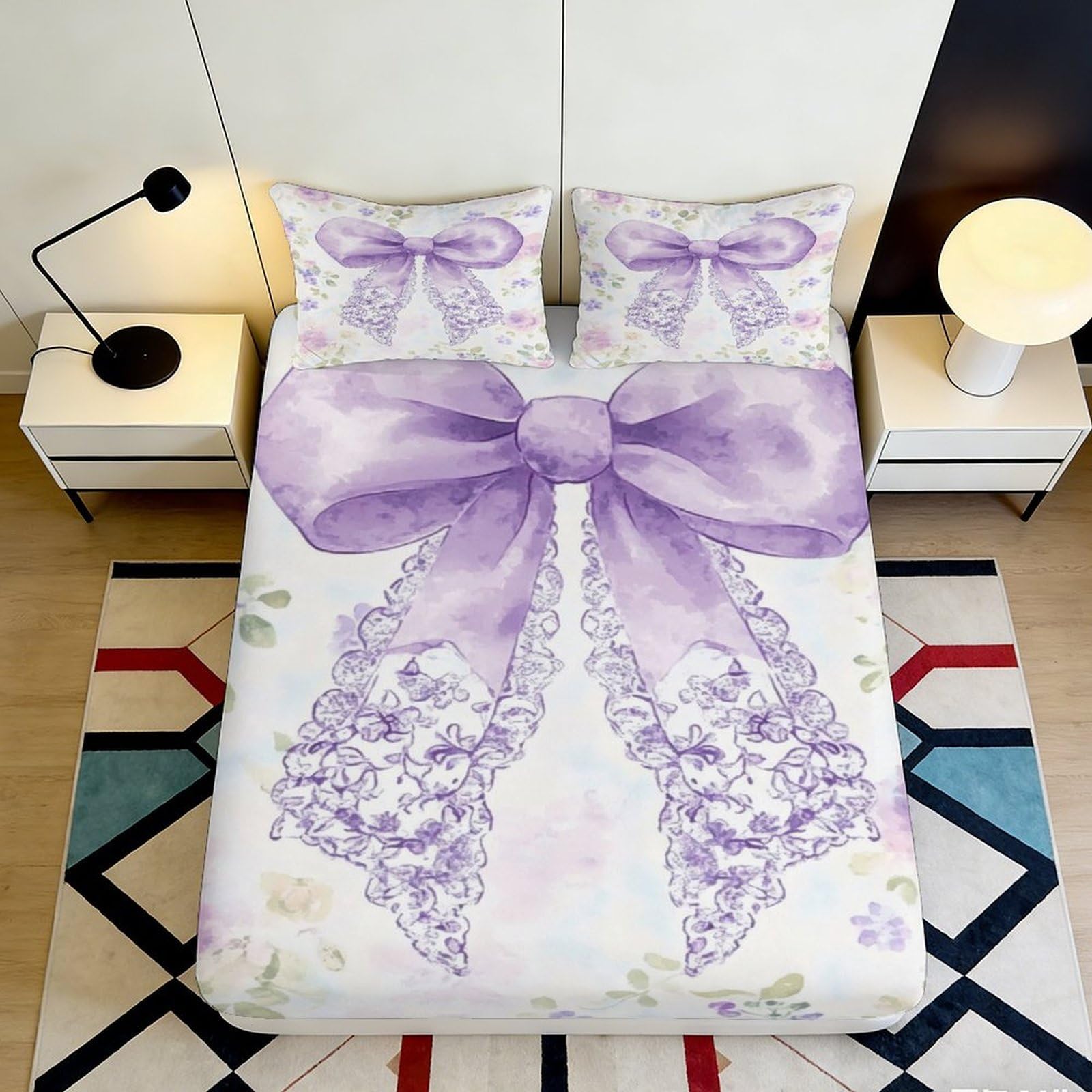 Uxinyoume Style-7 3D Printed Lavender Bow Fitted Sheet Microfiber Anti-Slip Mattress Cover Bedroom Decor Dustproof Machine Washable 90X200x25cm