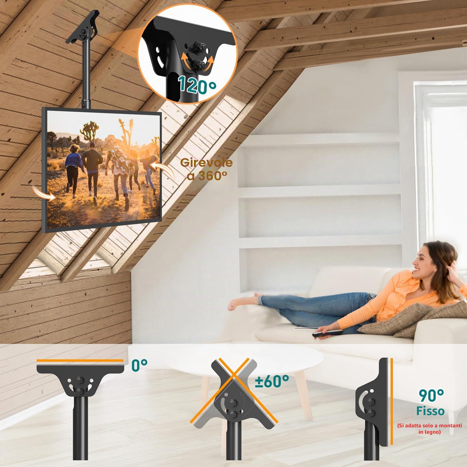 ELIVED Supporto TV arrotolabile, per TV da 23-60", fino a 35 kg, VESA 400 x 400 mm | Supporto TV regolabile in altezza per tetto piatto o inclinato EV3015