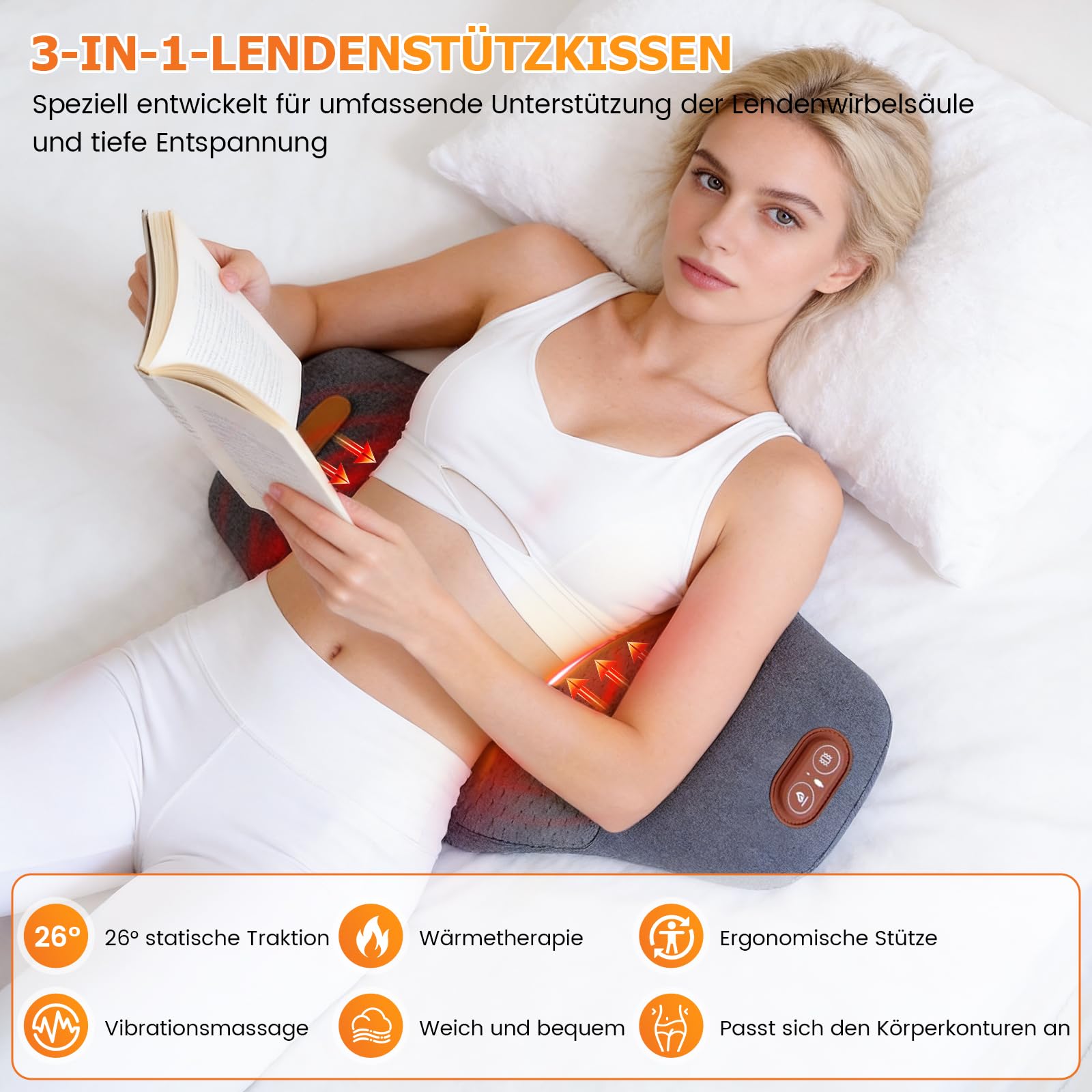 Massagegerät Rücken, Elektrisches Lendenkissen mit Wärme & Vibrationsmassage Rücken Massage Gerät 3 Massagetechniken 3 Temperatureinstellungen Lendenwirbel Stütze Traktionsgerät Geschenk