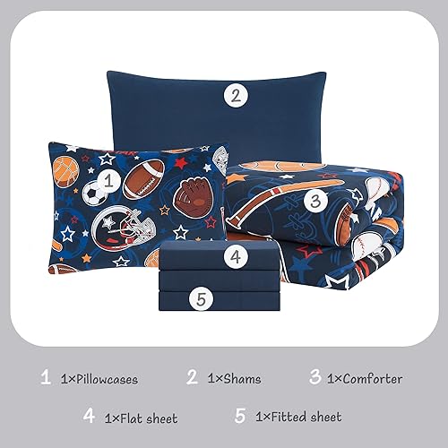 Miniatura 6 de Juego de edredón individual de juegos de pelota deportiva con sábanas, juego de ropa de cama individual de 5 piezas para niños, que brilla en la