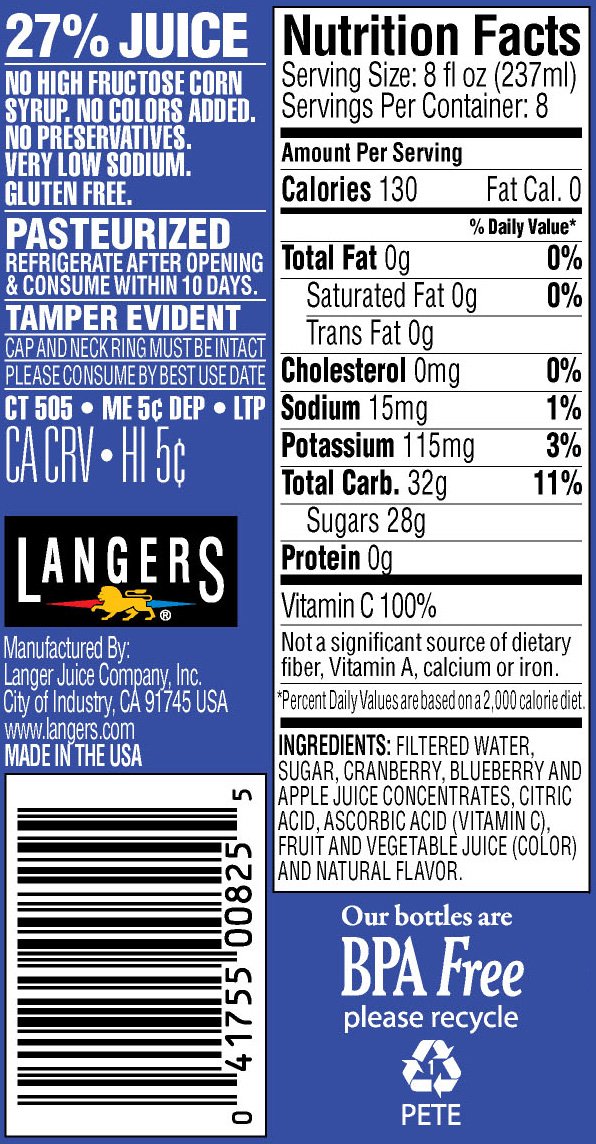 Langers Juice Cocktail, Blueberry Cranberry, 64 Fl Oz (Pack of 8)