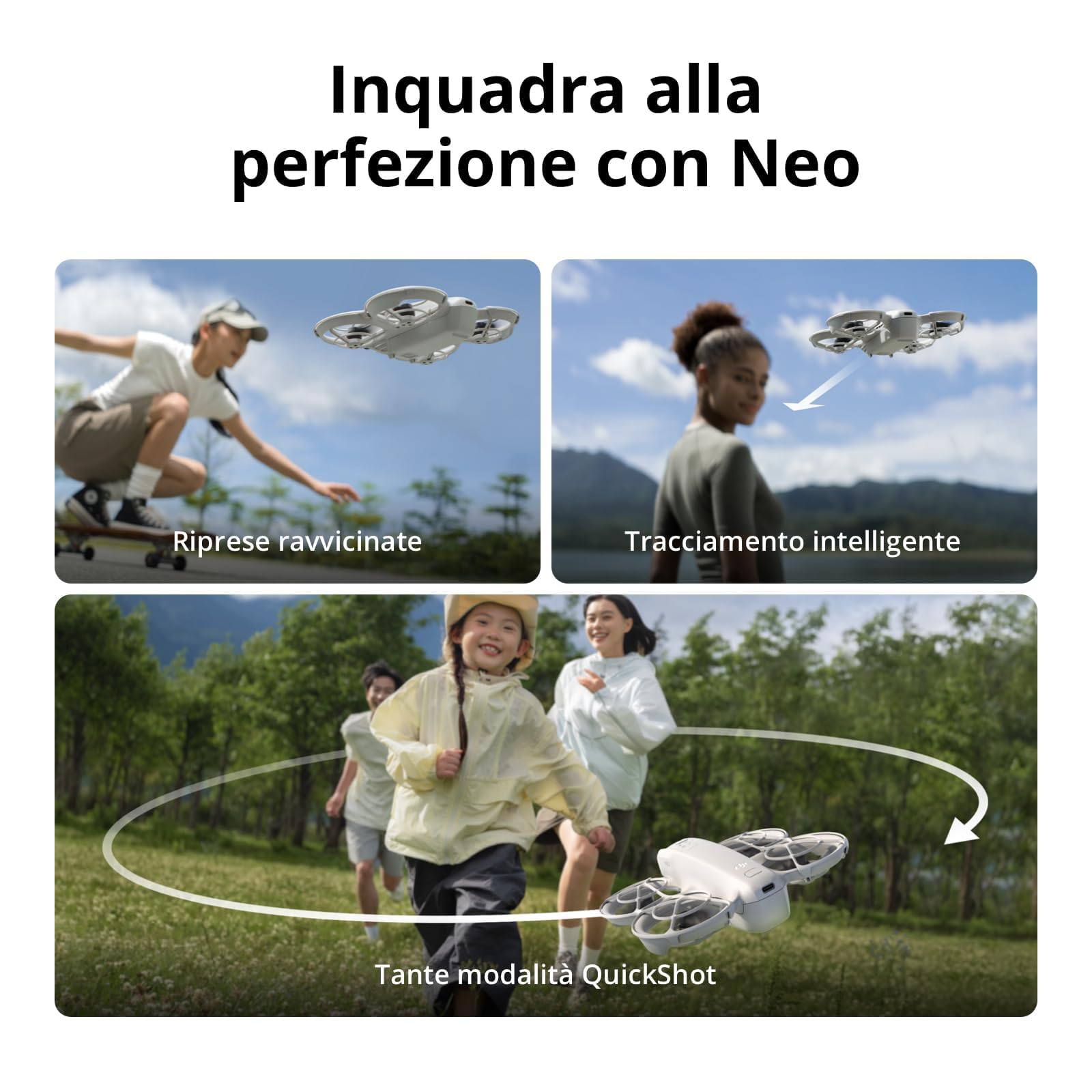 DJI Neo, mini drone con fotocamera UHD 4K per adulti, 135g drone che vola da solo e ti segue, decollo dalla mano, tracciamento del soggetto, QuickShot, video stabilizzati, (senza radiocomando)