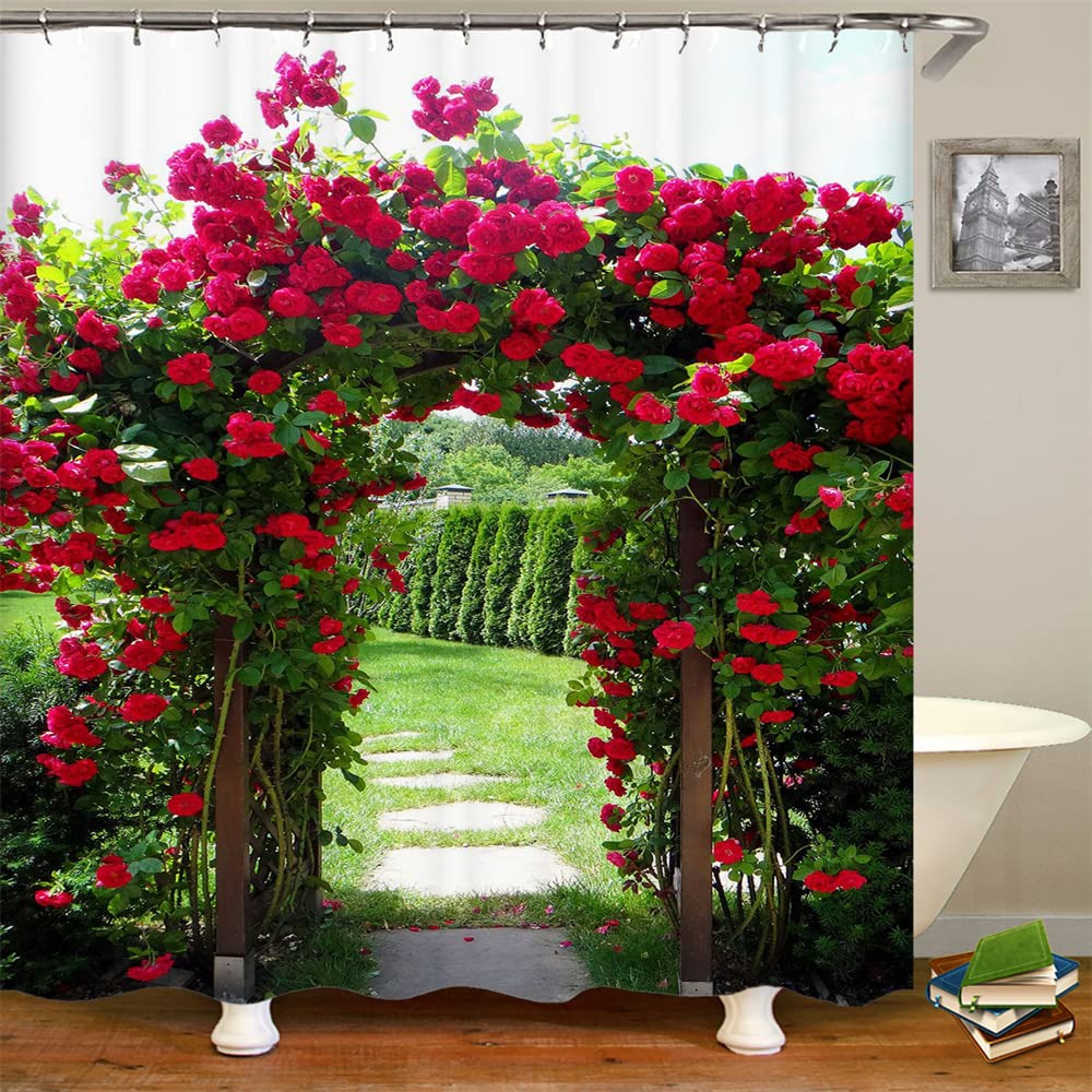 JIANGLANY Red Rose Arch Path to Garden Shower Curtain Spring Flower Vines Green Plant Landscape Bathroom Decoration Farmhouse Curtains with Hooks 180x180cm Waterproof Curtain (1)