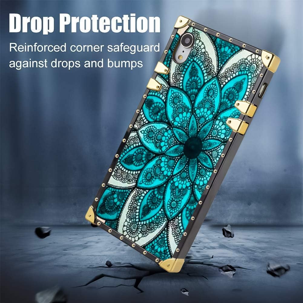Square Case Compatible iPhone XR Blue Mandala Luxury Elegant Soft TPU Shockproof Protective Metal Decoration Corner Back Cover Case iPhone XR Case 6.1 Inch