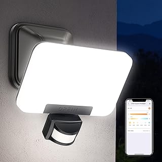 OREiN Motion Sensor Outdoor Lights, Ble Mesh Smart Flood Lights Outdoor, 2800LM/24W LED Security Lights with APP Controlled, Bluetooth Motion Detector with Dusk to Dawn, Warm & White Light, Hardwired