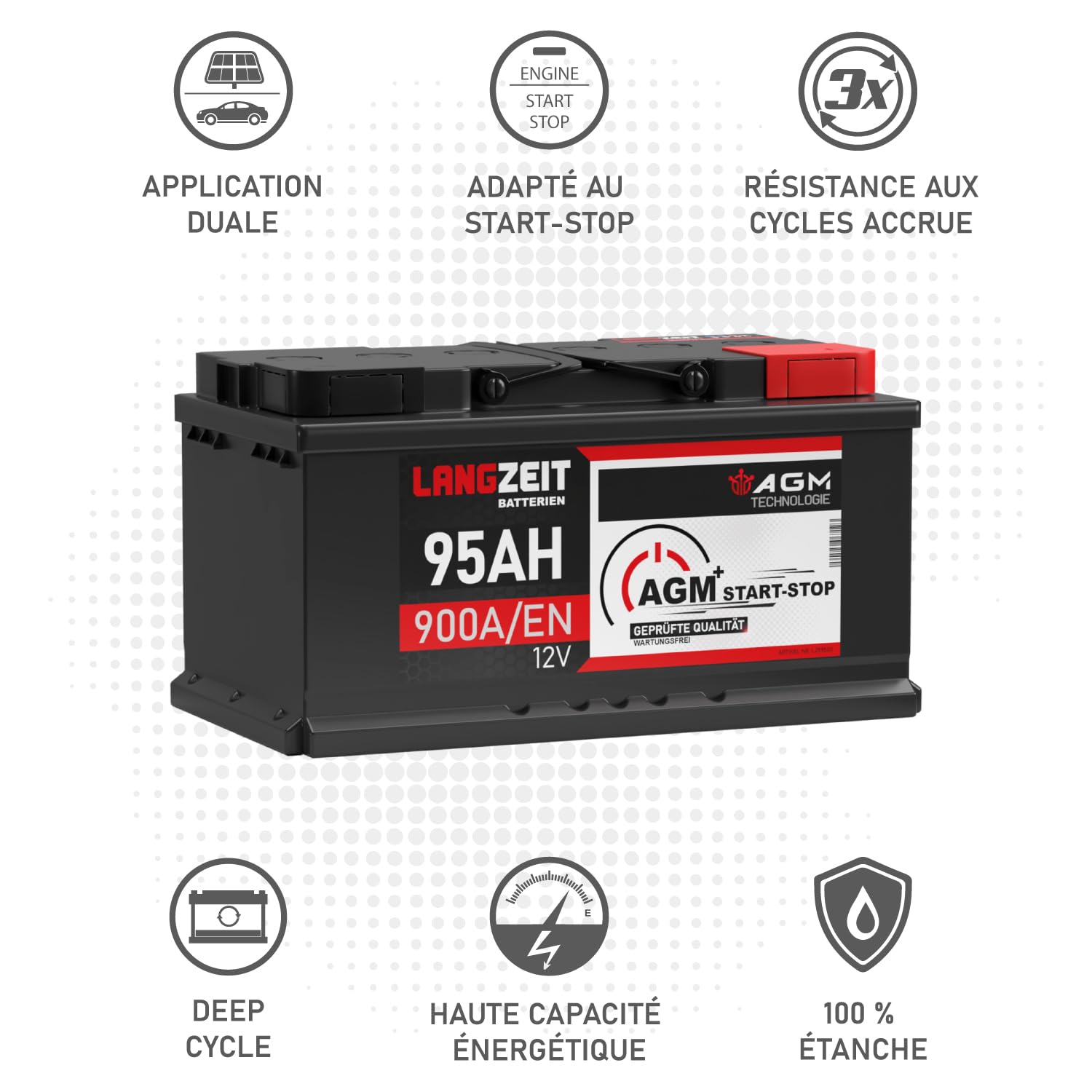 LANGZEIT AGM Batterie 95Ah 12V 900A/EN Start-Stop Autobatterie VRLA Batterie