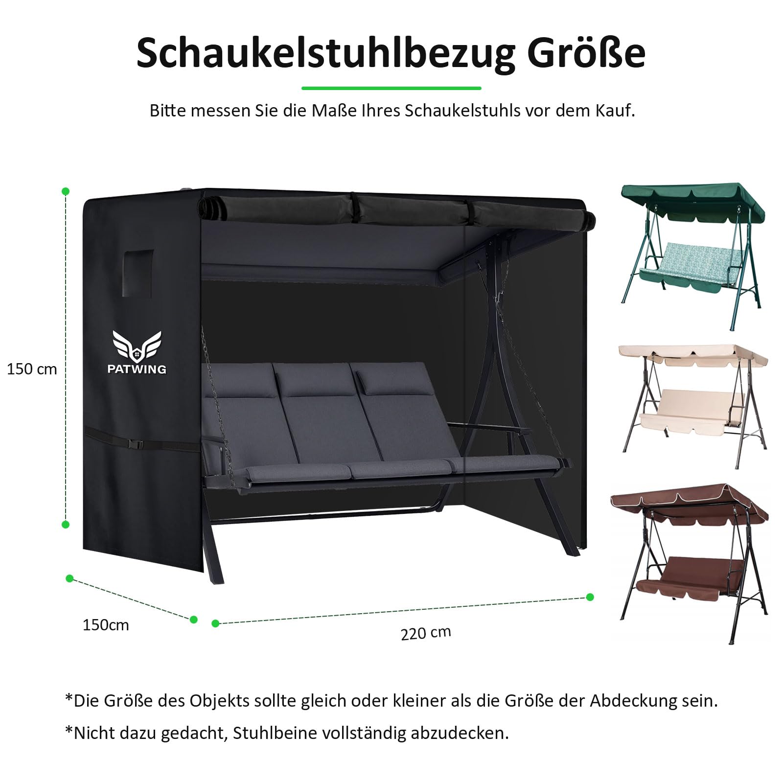 Hollywoodschaukel Abdeckung 3-4 Sitzer 600D Oxford，220*150*150cm | UV-Beständig, Schimmelresistent Und Pflegeleicht, Mit PU-Beschichtung, Doppelnaht, Sicherer Fixierung Und Aufbewahrungstasche