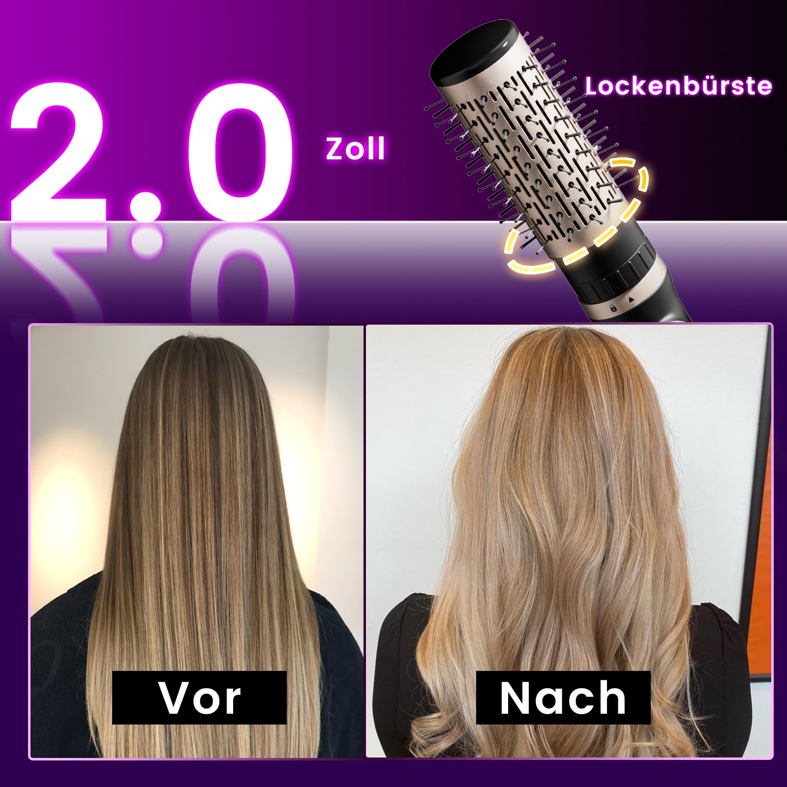 Rotierende Warmluftbürste, 3-in-1 Rundbürstenföhn mit 3 Köpfen zum Trocknen Styling Voluminierend Curling Schlafen in einem Schritt, 3 Temperaturen, Negativ-Ionische, Keramikbeschichtung, 360 ° Drehen
