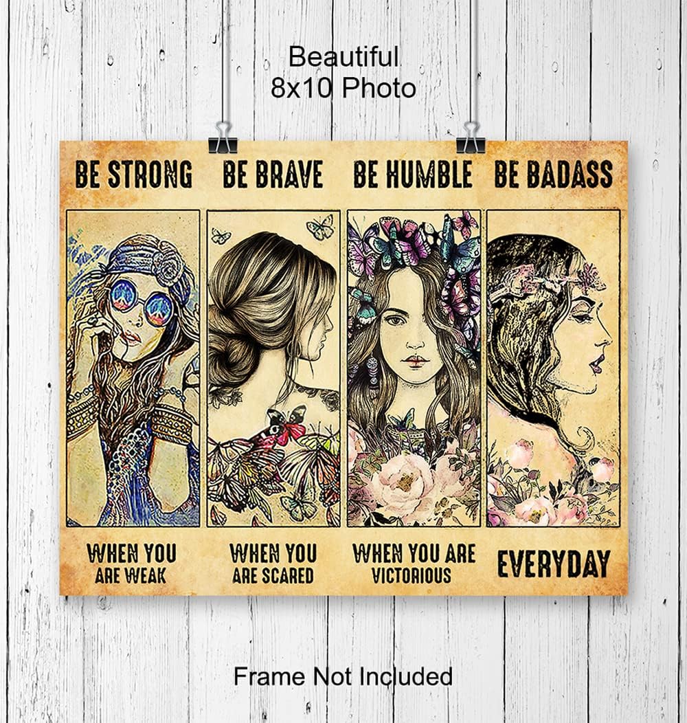 Be strong Be Brave Be Badass Poster - Boho-chic Bohemian Wall Decor - Motivational Feminism Wall Art - Inspirational Positive Quotes - Encouragement Gifts for Women Girls Teens - Hippie Room Decor