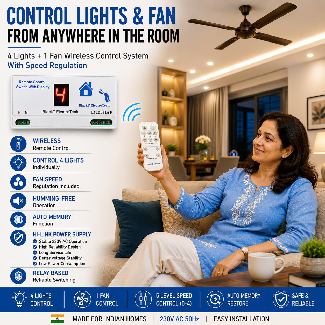 Blackt Electrotech Wireless Remote Control Switch System For 4 Lights & 1 Fan With Speed Regulation/Dimmer Humming Less 1