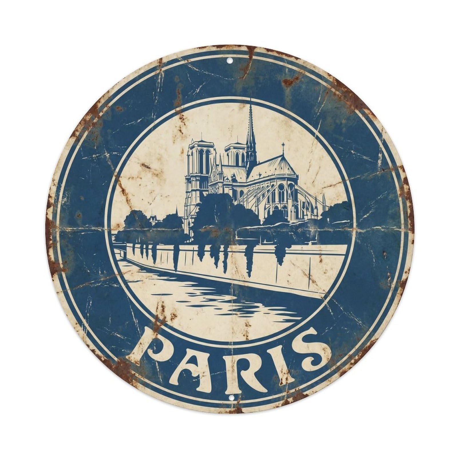 Vintage Travel Parisian Notre Dame 1 Metal Tin Sign Plaque Wall Decor for Cafe, Club Bar, Office, Home Garden Round Metal Poster 8x8Inch