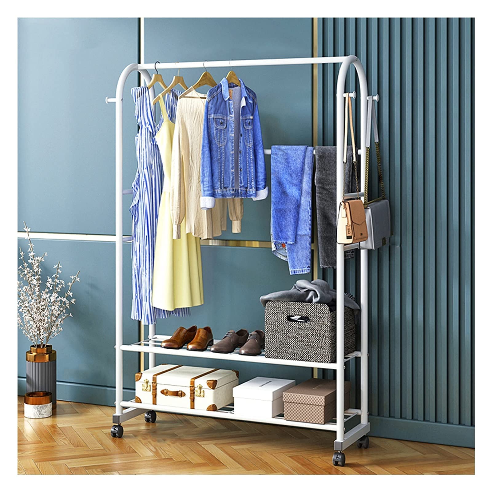 YNBSHGAA Metal Clothes Rail Rack with Wheels for Bedroom and Livingroom/Gold/100cm Heavy Duty Garment Dress Coats Jackets Drying Rack,White-80cm