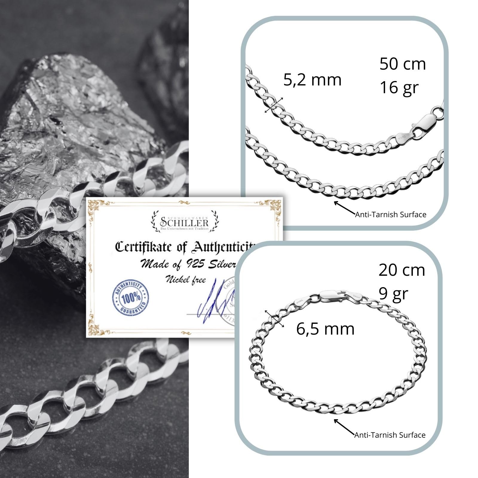 Parure de bijoux pour homme avec chaîne et bracelet en argent sterling 925 - Cadeau idéal pour homme