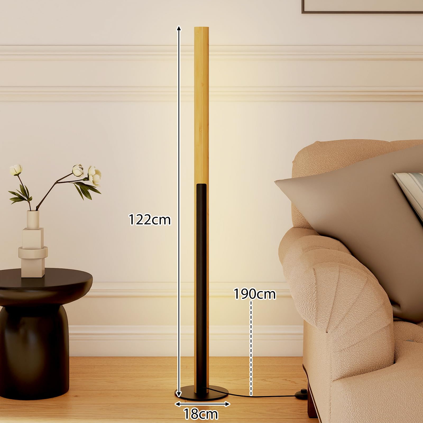 HOMASIS Lampada da Terra Alta 122 cm con 3 Colori e Luminosità Regolabile, Piantana LED in Bambù, Lampada da Lettura Dimmerabile con Interruttore a Pedale per Soggiorno, Camera da Letto e Ufficio