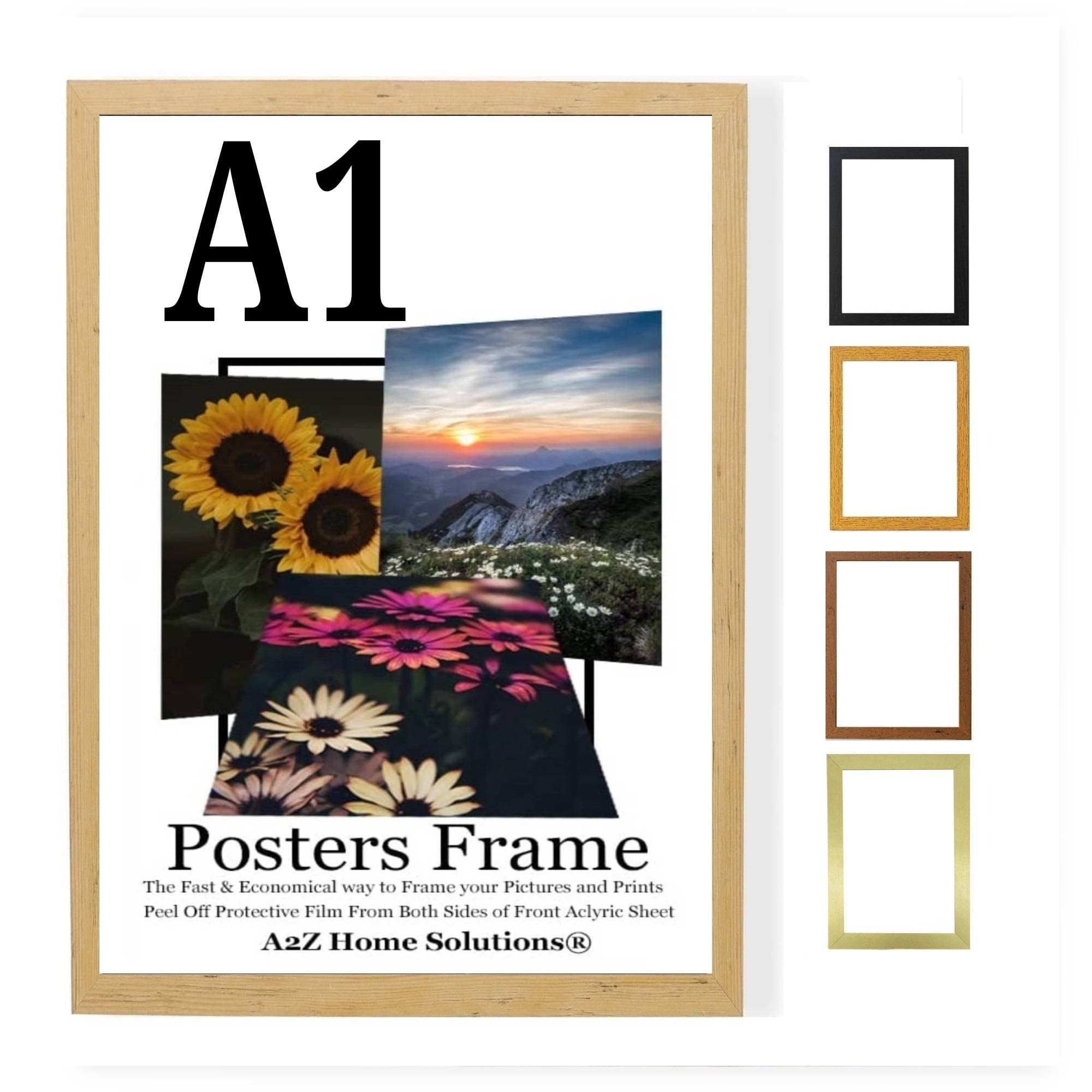 A2Z Home Solutions® Multipack Pine A1 Poster Frames 59.4 x 84.1 cm With Safe Clear Perspex Front & Wall Mounting A1 Frames In Multiple Colors MDF Backboard Portrait or Landscape (Single)