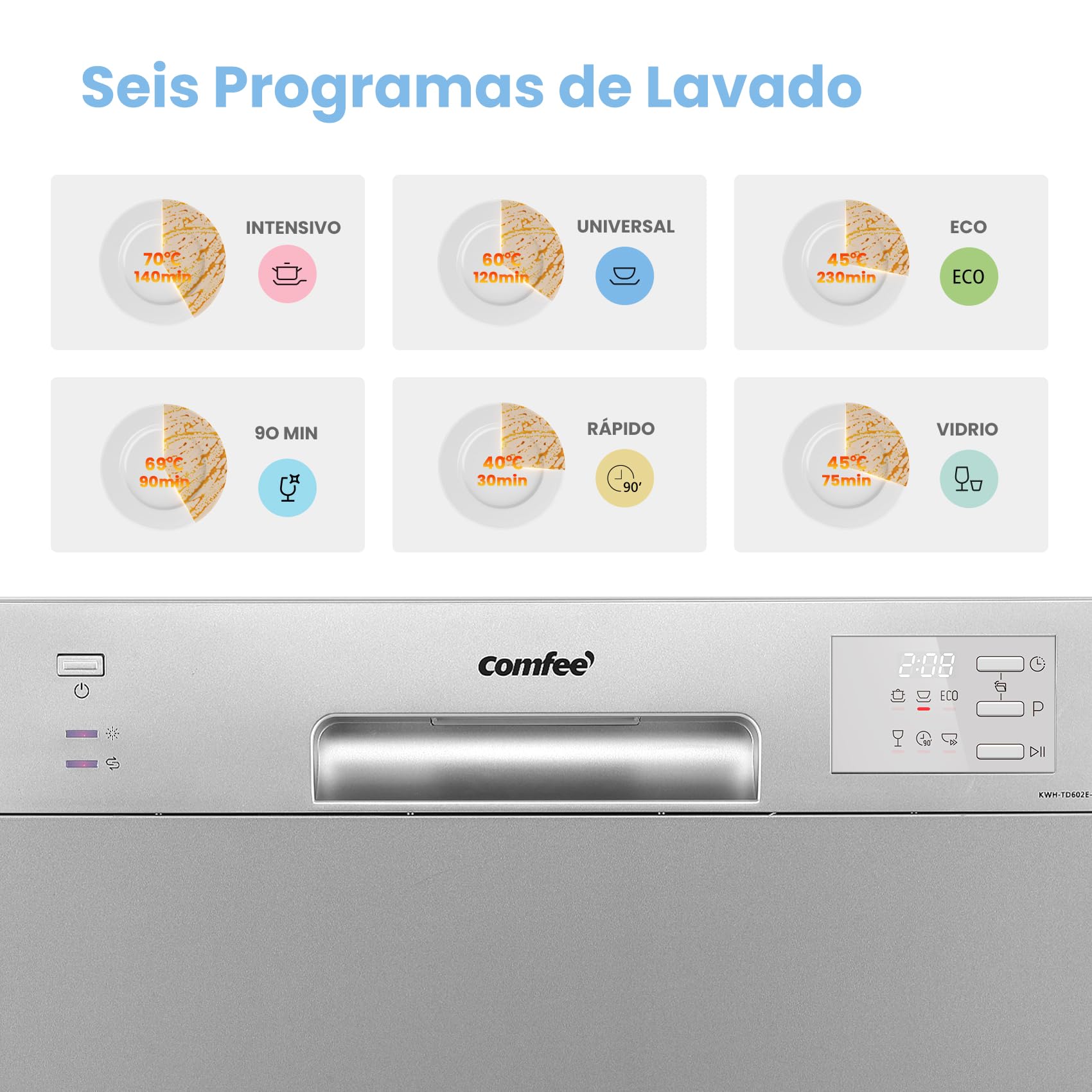 COMFEE' CDWMT0602ESD-EU Lavavajillas Compacto, 6 Cubiertos,6 Programas | Ciclo Intensivo 70°C, Inicio Diferido 24H, Apertura Automática, 47dB Silencioso, Clase D, Pantalla LED, Plateado