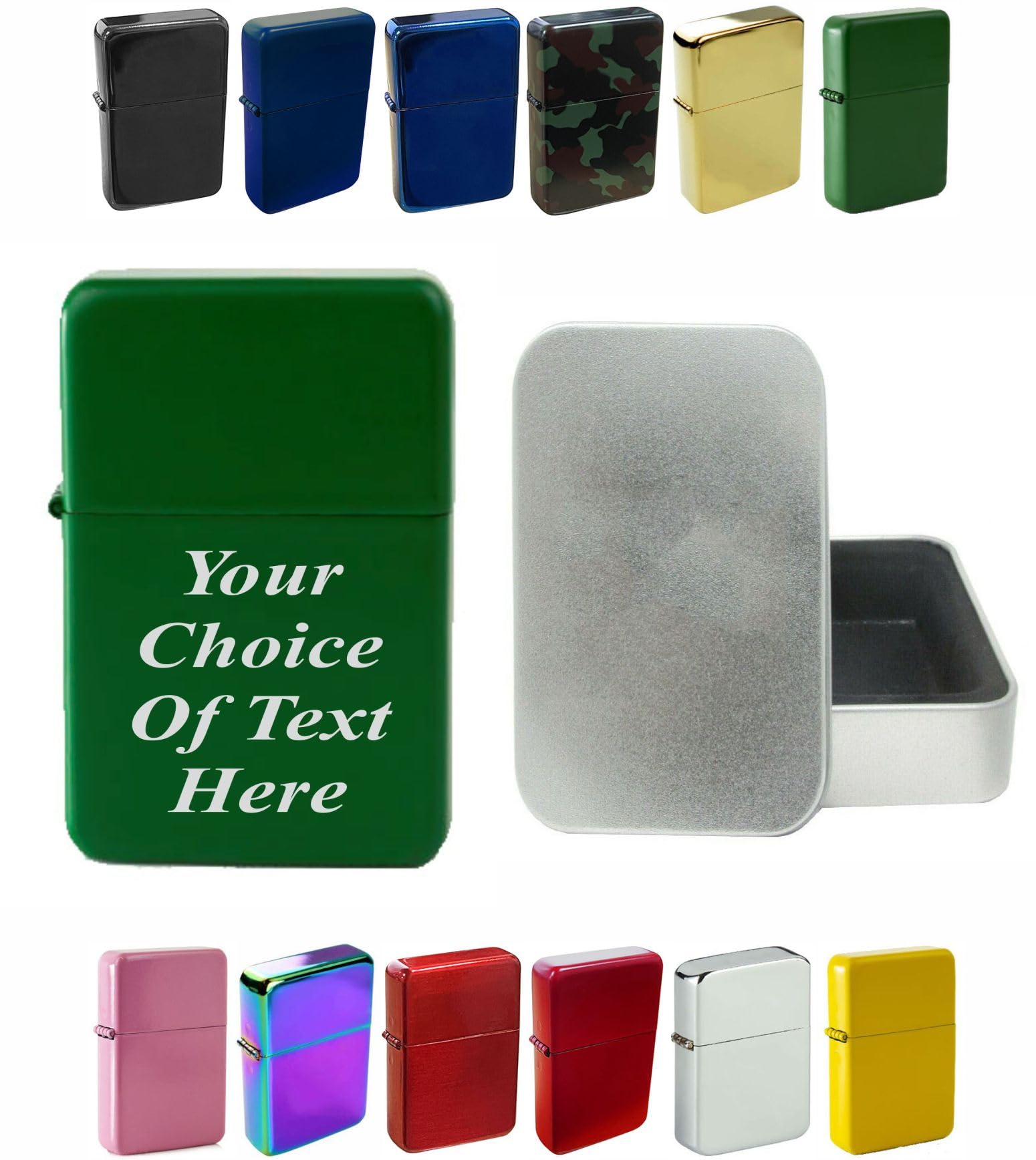 Personalised Engraved Lighter for Birthday, Fathers Day, Anniversary, Choice of Colours - With Luxury Gift Tin Packaging (Green)