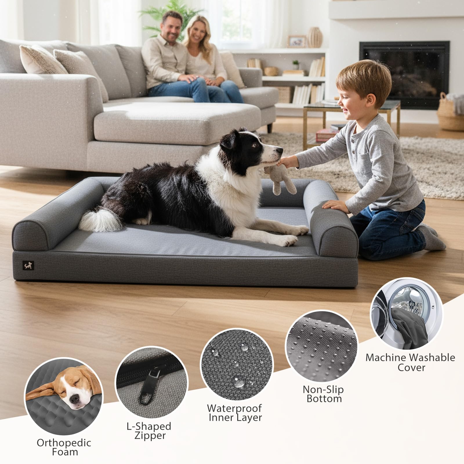 Sytopia 42in Dog Beds for Large Sized Dogs, Waterproof Egg Crate Foam XL Orthopedic Pet Bed with Removable Washable Cover,chew-Proof, Non-Slip Bottom, Supports up to 100 lbs for Old Pet, Dark Gray - image 8