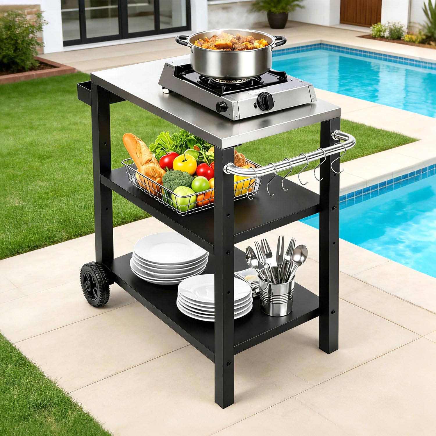 Peviasot Table D'Appoint Barbecue Extérieur Inox Réglable - Chariot Mobile 2 Roues + Étagère Épices + 6 Crochets