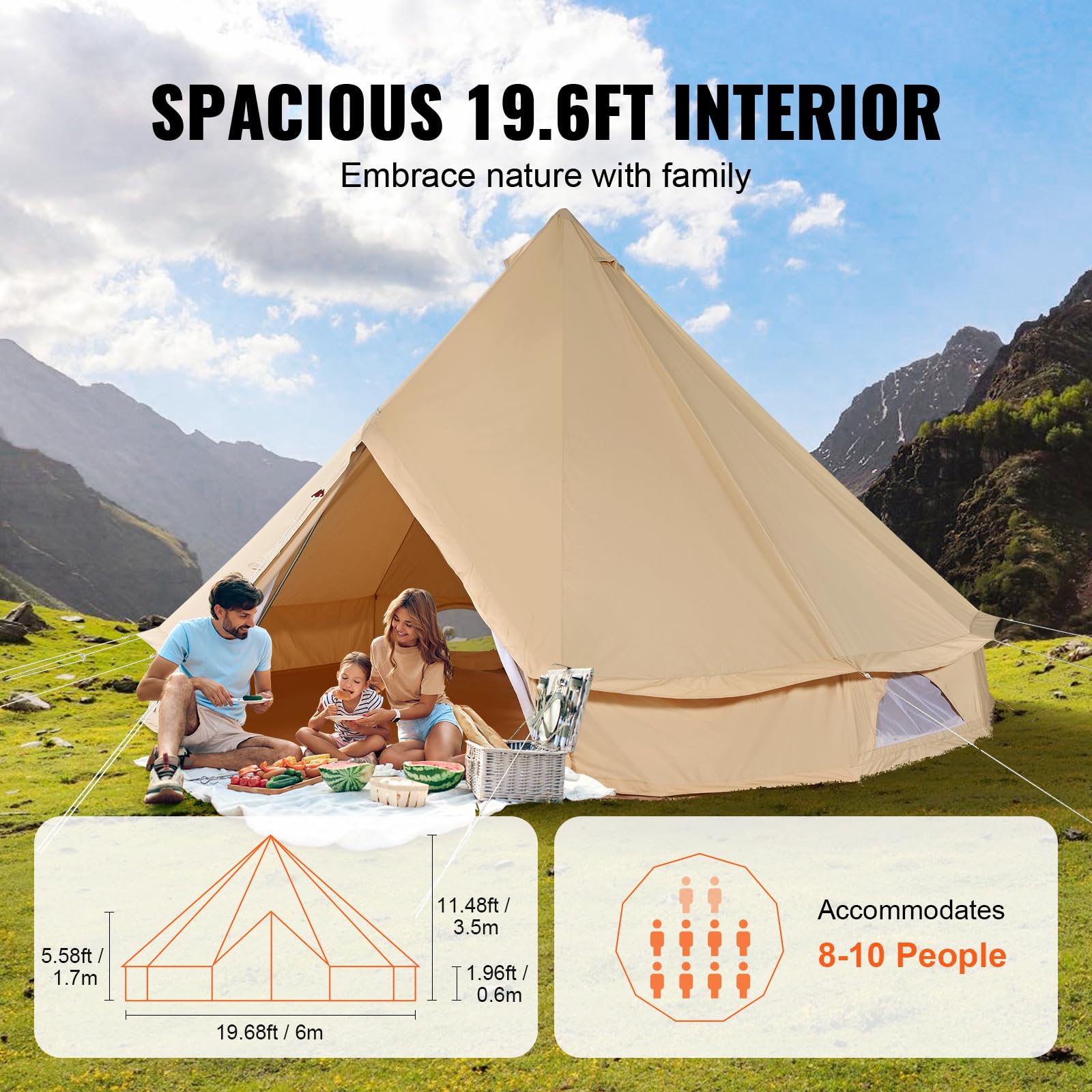 VEVOR Tenda Campana in Tela 6m Tenda Campeggio per Famiglie Feste Attività all'Aperto con Foro per Stufa a Legna e Borse di Stoccaggio Capienza ca. 10 Persone, BBQ Esterno, Gruppi all'Aperto, Caccia