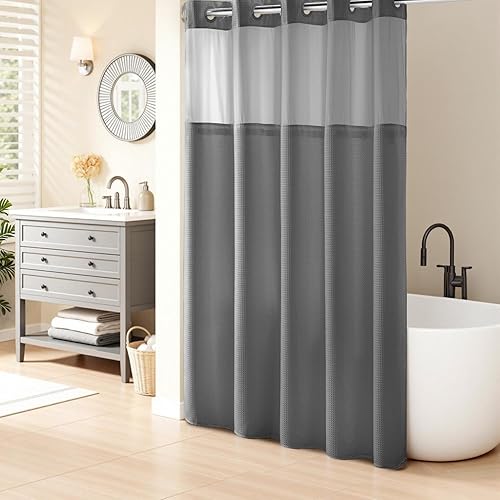 River Dream Heavyweight Grey No Hooks Required Dotted Waffle Weave Shower Curtain with Snap in Liner - 71W x 74H,Hotel Grade,Spa Like Bath Curtain,Gray