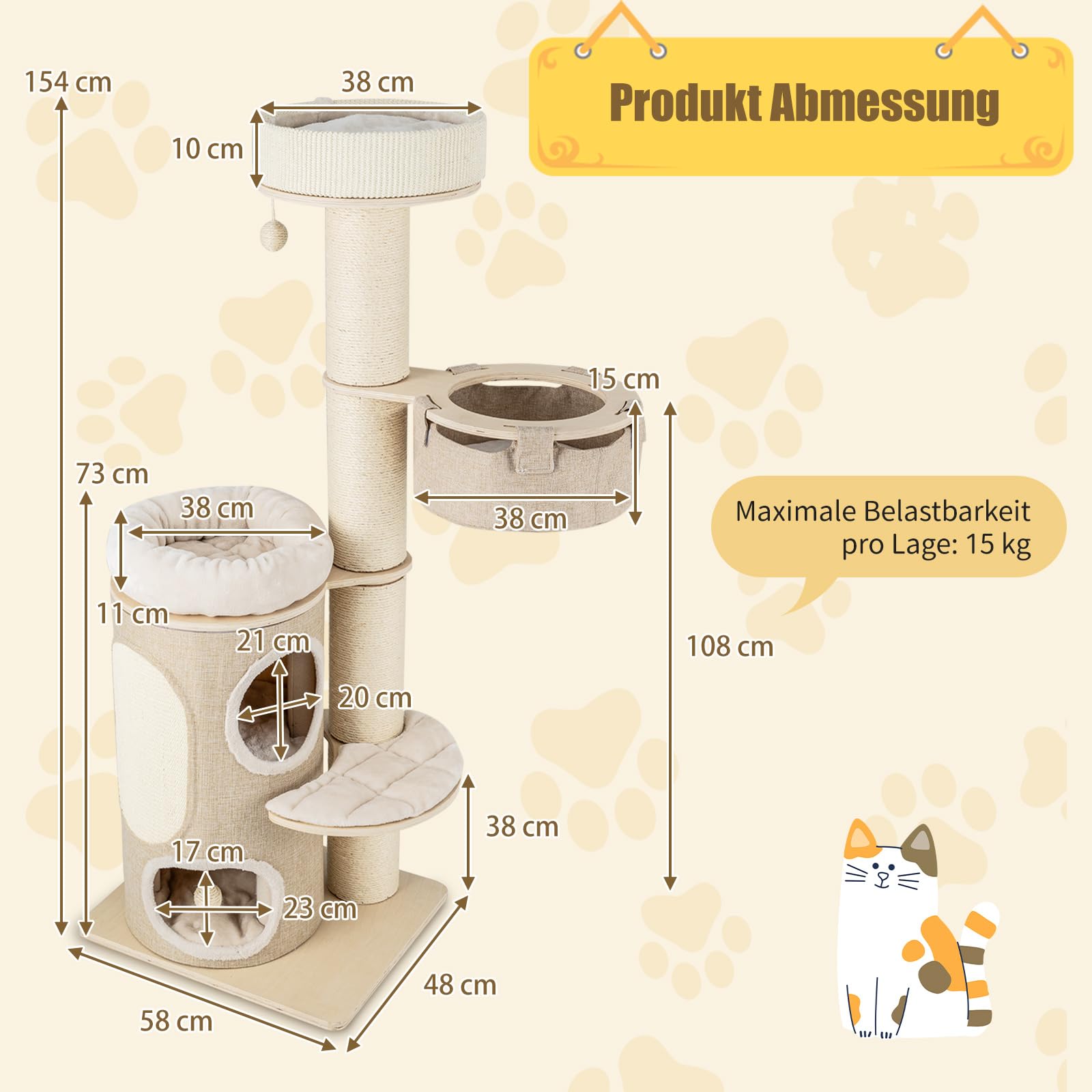VidaXL Krabpaal - 62,5 Cm - Crème - Met Platforms Katten Krabpaal Krabpaal Sisal Kattentorre Pluche Krabpaal Kattenmeubel