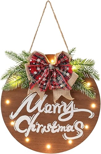 HOMCDALY Letrero de Navidad para puerta delantera, letrero colgante de madera de Navidad con 12 luces LED, corona de bienvenida de Navidad para