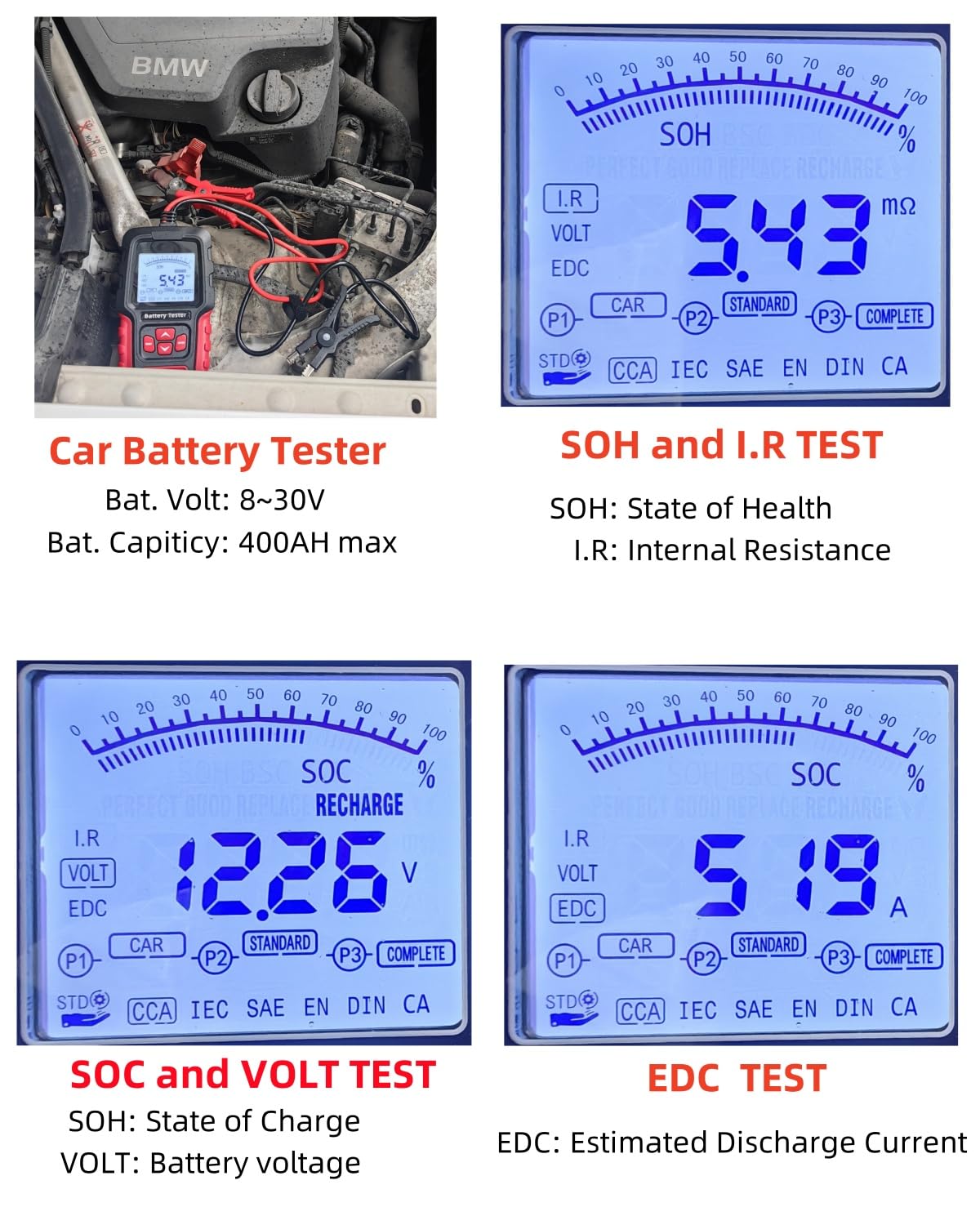 Car Battery Tester, 12V & 24V, 3~400AH, 40-2000CCA, Digital Automotive Battery Analyzer, Internal Resistance Tester