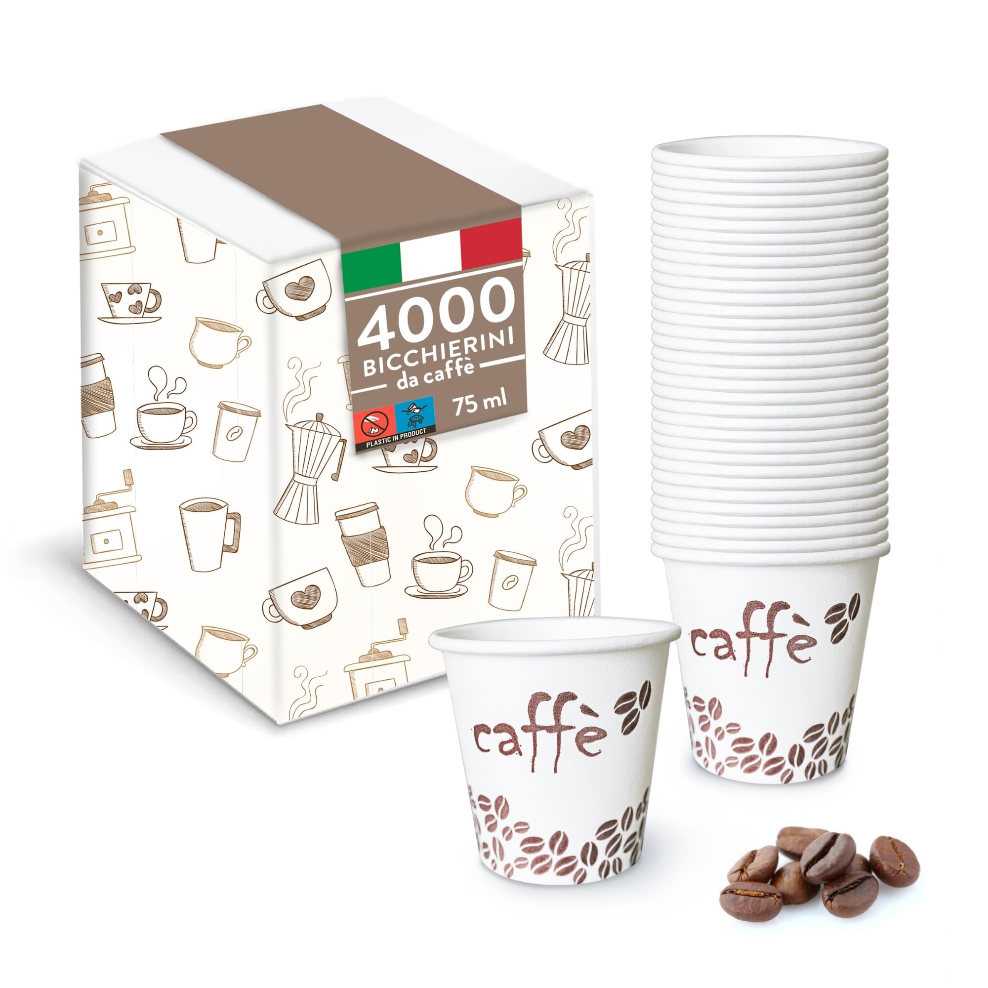 Bicchierini da Caffè, 4000 Pezzi, Usa e Getta Biodegradabili 75 ml, Bicchierini Caffè Espresso Monouso Compostabili Ecologici in Carta, Resistenti, Ideali per Bar e Uffici, Confezionati in Italia