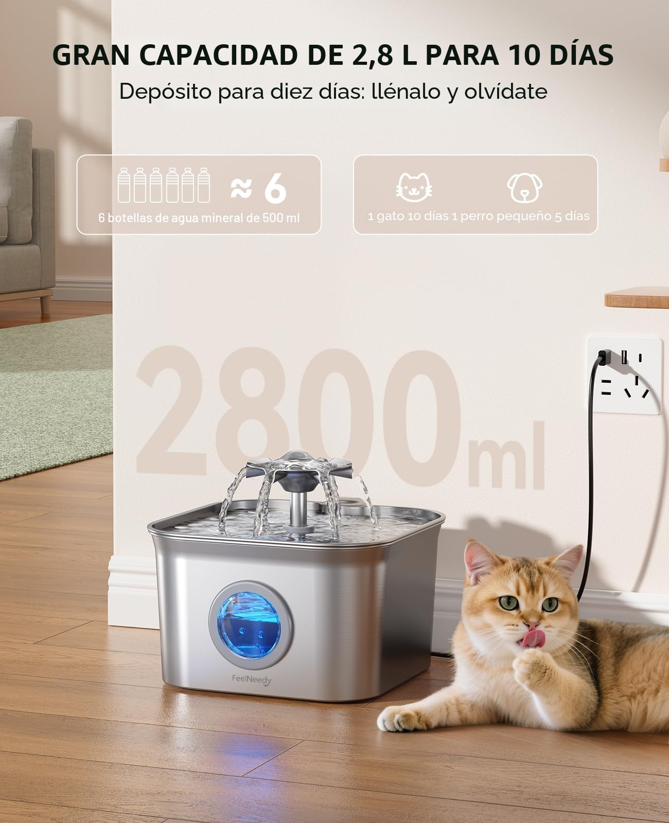2.8L Fuente para Gatos Acero Inoxidable con 3 Filtros, FEELNEEDY Bebedero Gatos Ultra Silencioso, Filtración de Cuatro Capas, Fácil de Limpiar, Apta para Lavavajillas