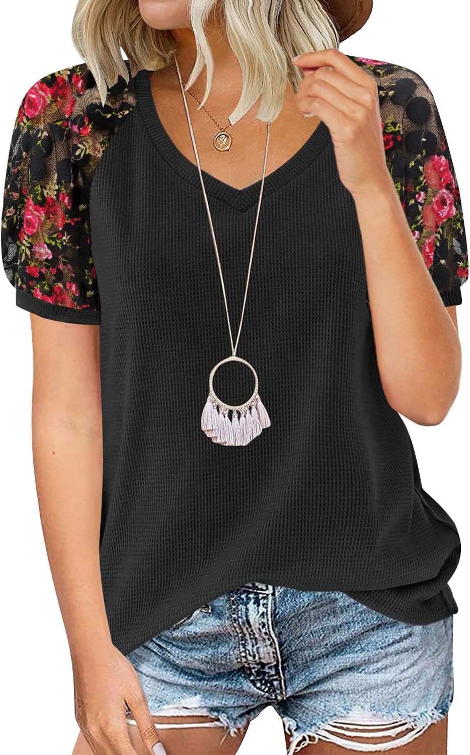 MIHOLL Women’s Lace Short Sleeve V Neck Shirts Loose Casual Tops Tee Shirt