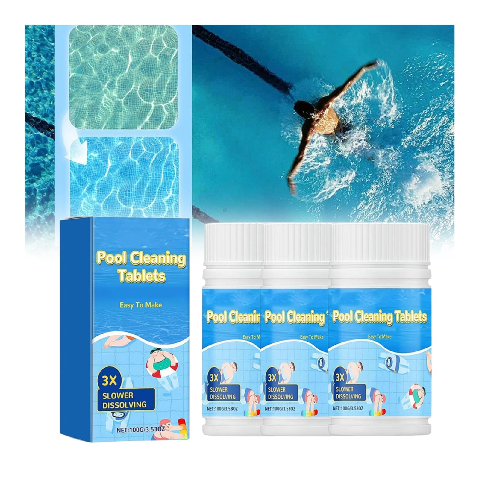 Pool Cleaning Tablets for Crystal Clear Water, Swimming Pool Purifier, 100g/3.53oz, Keeps Water Crystal Clear & Removes Cloudiness, for Inground Pools & Above Ground Pools, Hot Tub,Spa
