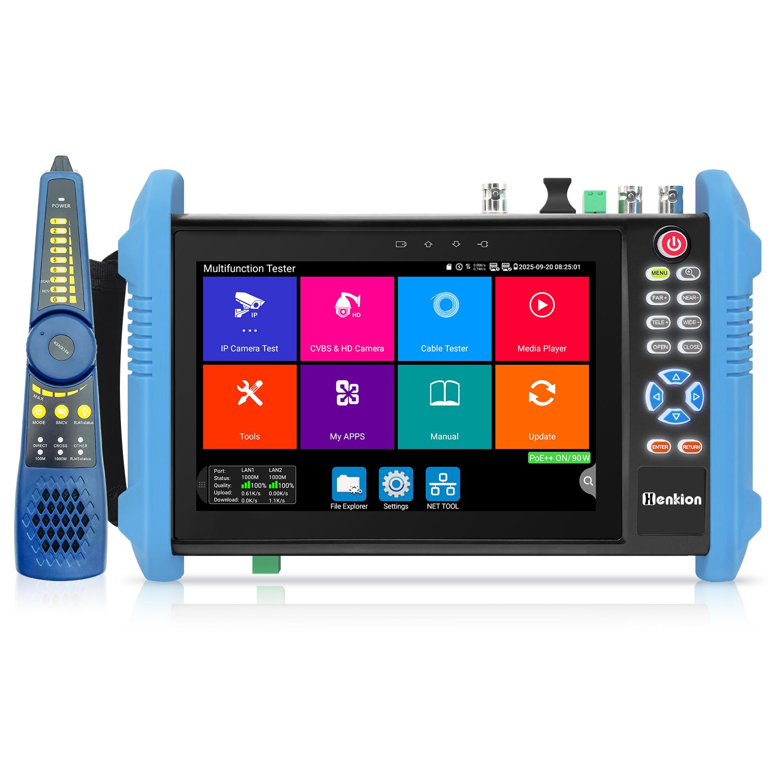 Henkion CCTV-Tester 8K 32MP 4K 12MP IP-Kameratest mit POE++ Max 90W, 8MP CVI TVI AHD SDI CVBS Koaxialkameratest 7 Zoll Touchscreen Unterstützung 1CH SFP HD VGA TDR WiFi RS485 IPC Tester IPC-9800CADHS